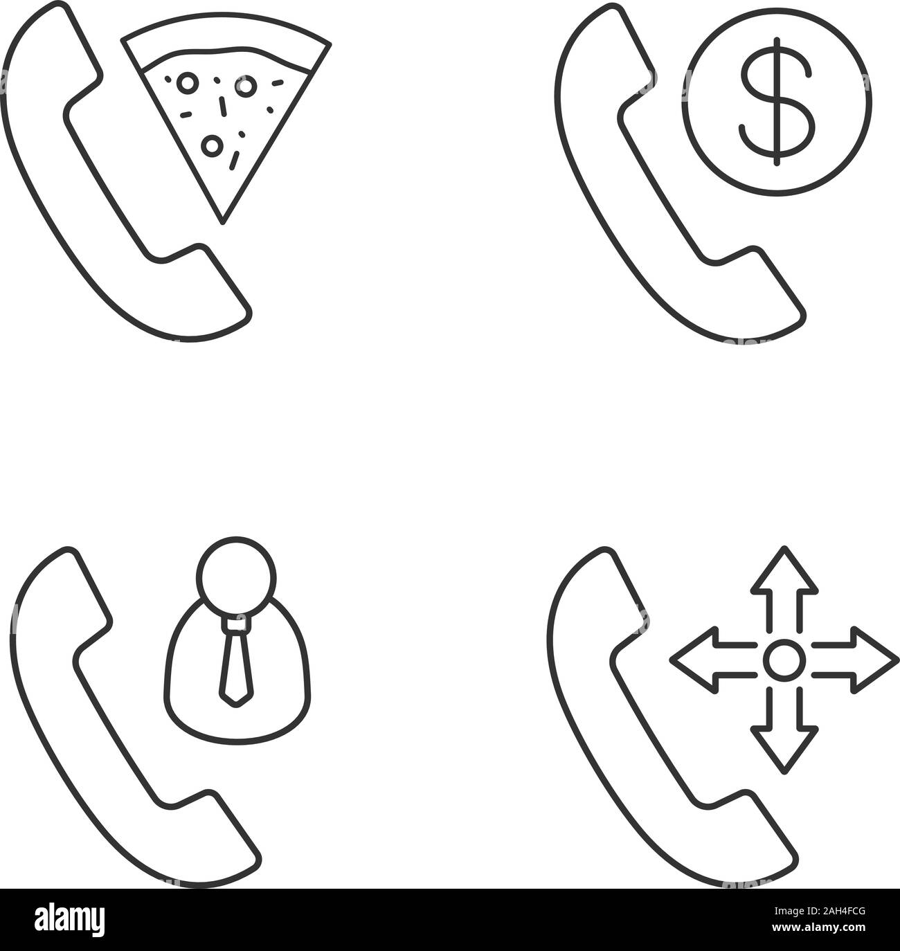 Phone services linear icons set. Pizza delivery, customer service