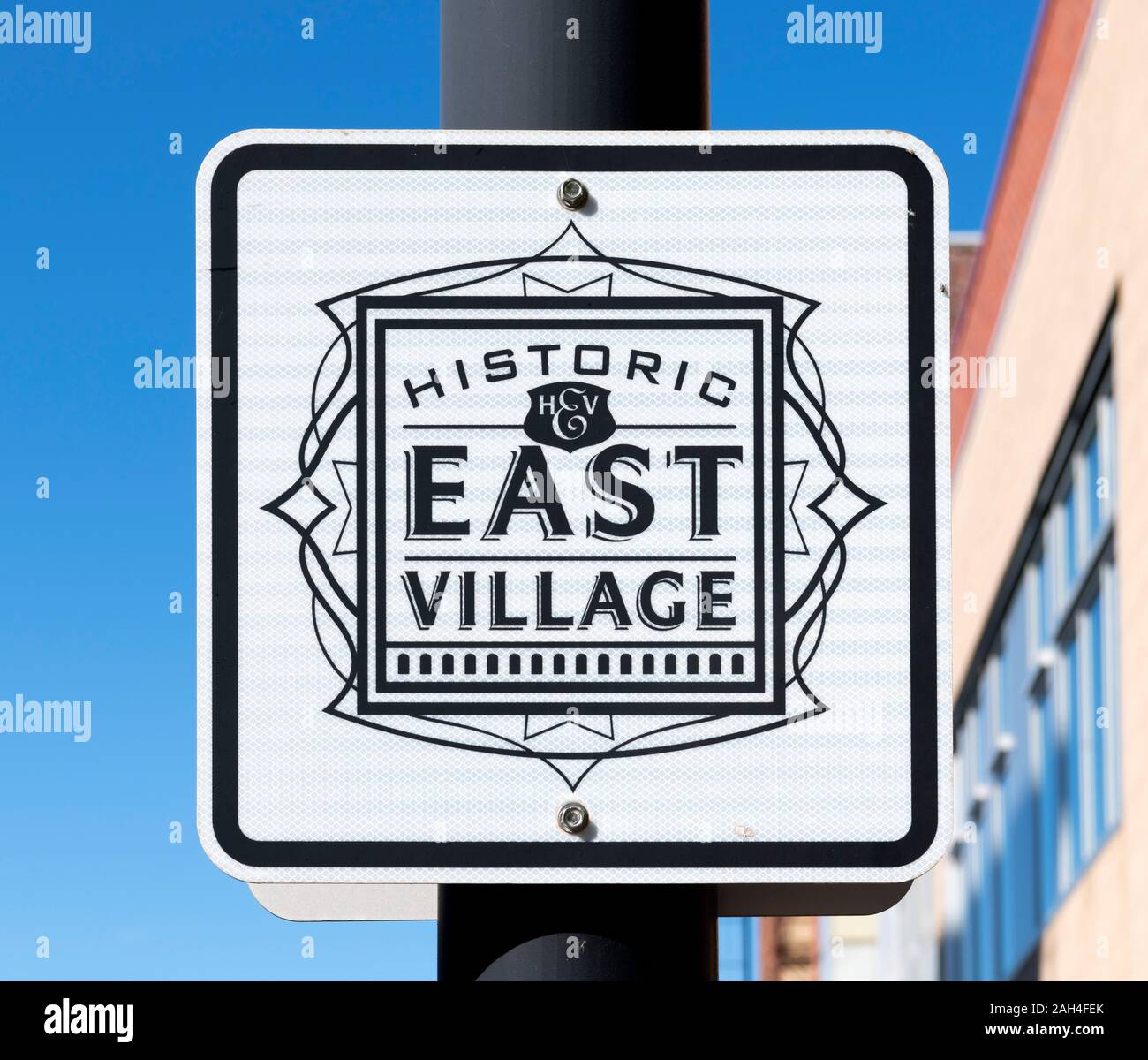 "Historic East Village" sign in downtown Des Moines, Iowa, USA. Stock Photo