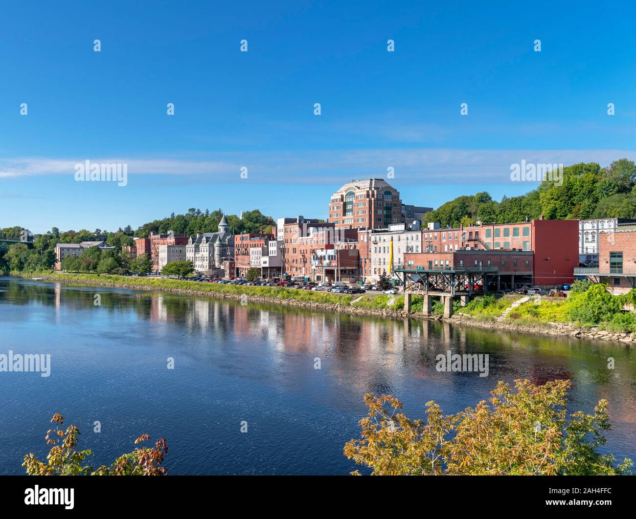 The Kennebec River looking towards the historic downtown waterfront, Augusta, Maine, USA Stock Photo
