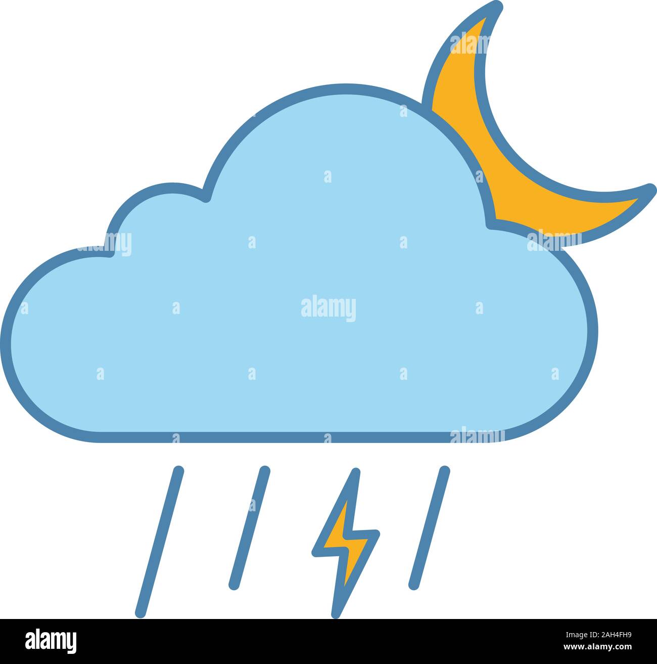 Night thunderstorm color icon. Thunder storm. Lightning storm. Stormy. Cloud, lightning, rain