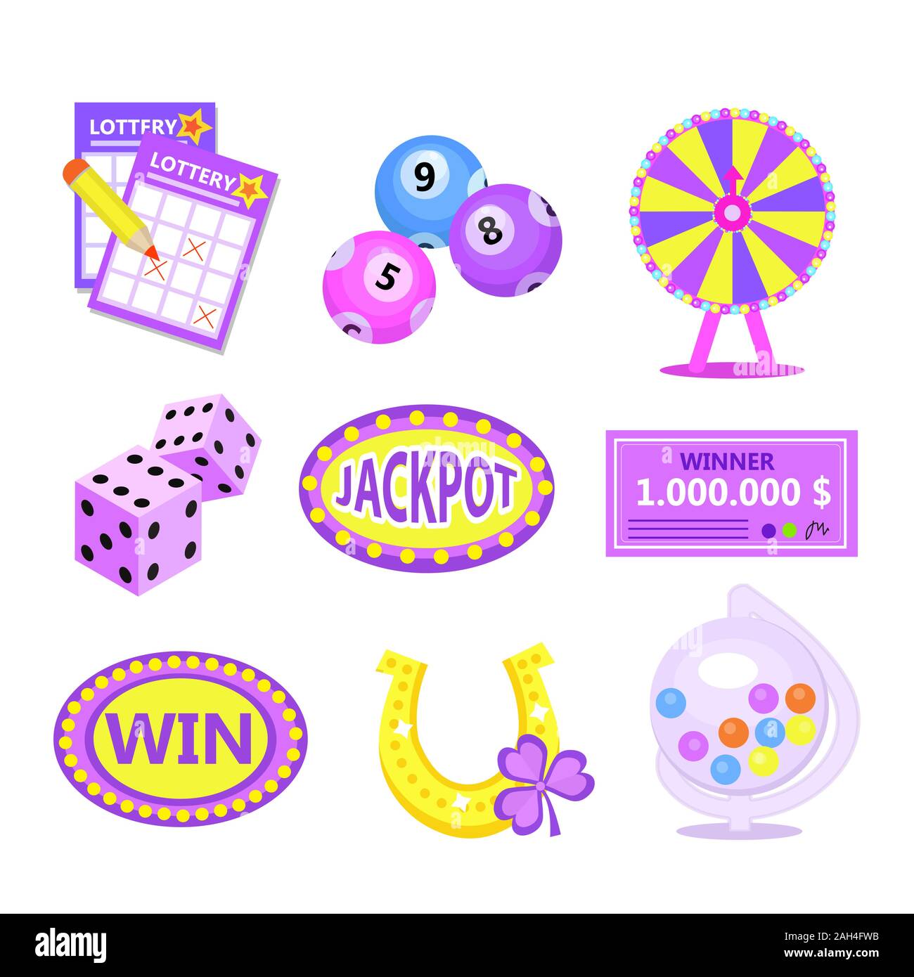 Bingo lotto icon set. Lottery win jackpot badges with horseshoe, lottery  drum, tickets, wheel of fortune, check. Flat modern vector illustration  Stock Vector Image & Art - Alamy