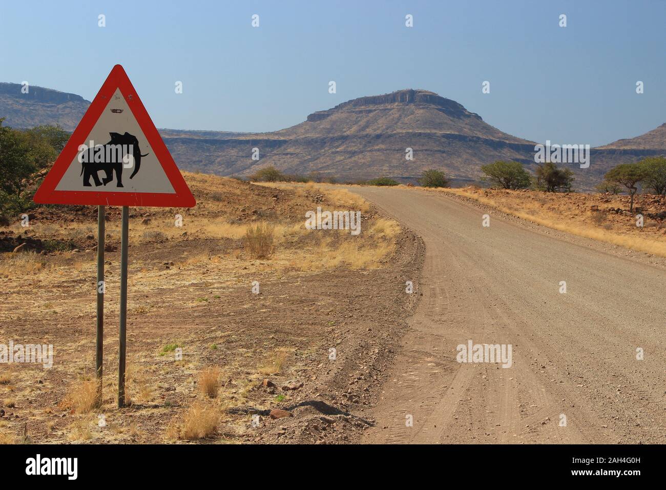 Warning sign in Namibia: elephant crossing Stock Photo