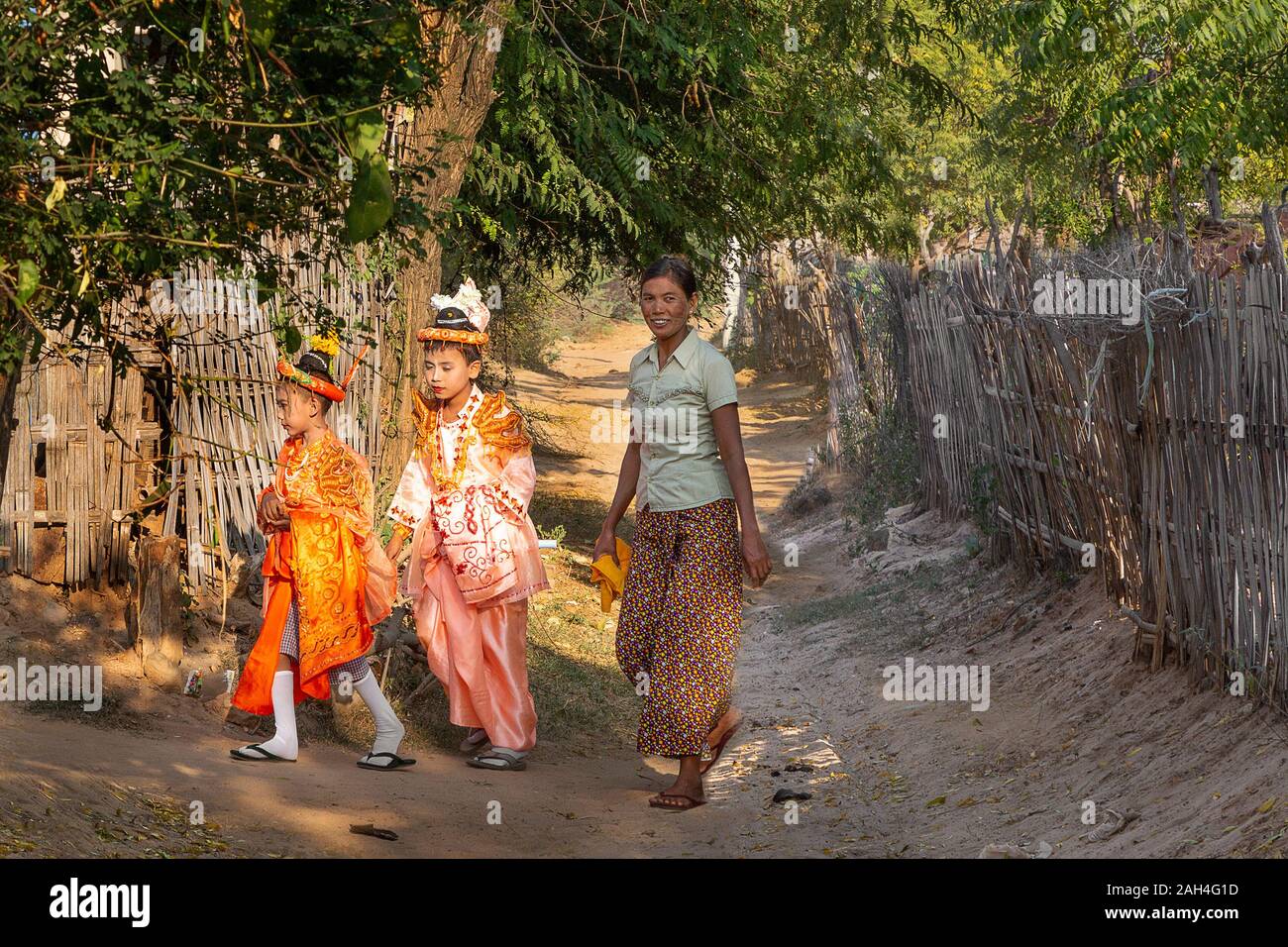Buddhist boys dressed up for coming of age ceremony in Bagan, Myanmar Stock Photo