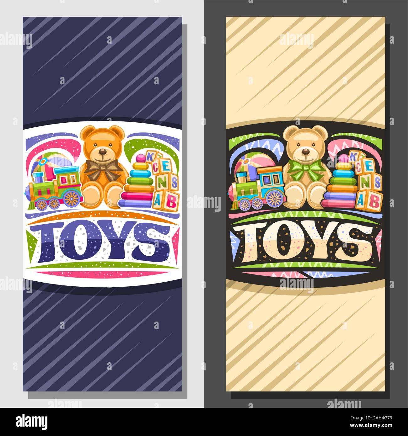 Vector layouts for Kids Toys, decorative leaflets with illustration of steam train, inflatable ball, plush teddy bear, plastic pyramid and wooden kids Stock Vector