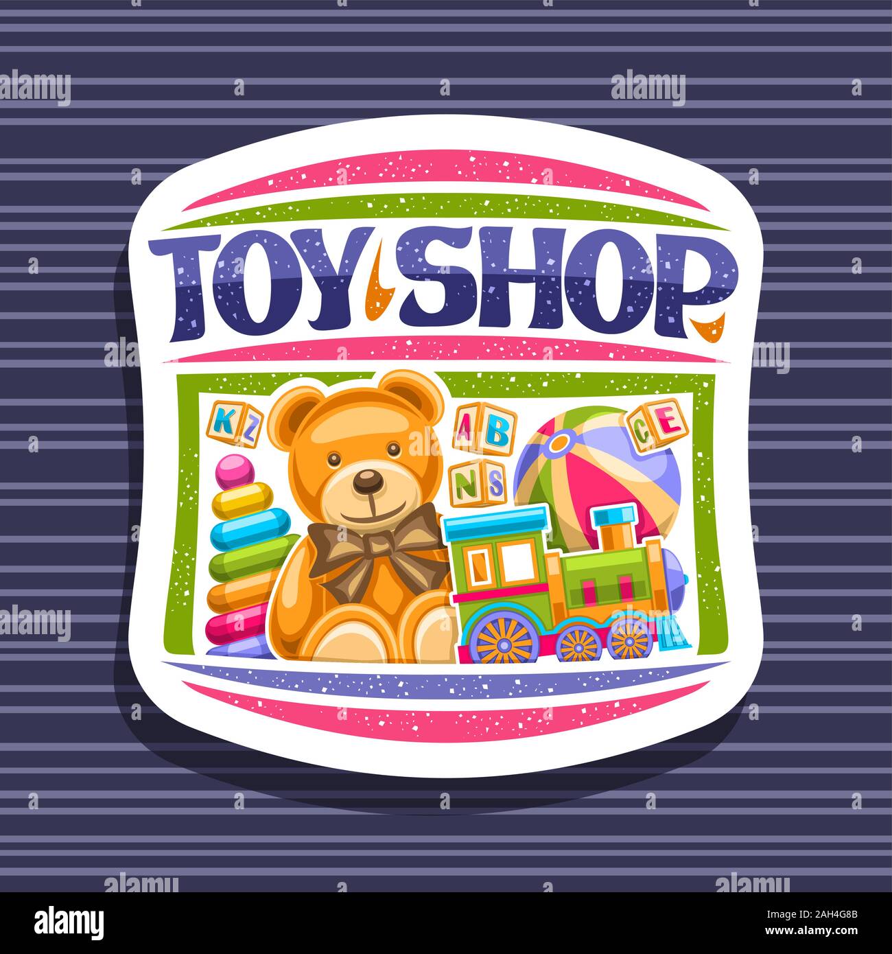 Vector logo for Toy Shop, white decorative signboard with illustration of steam train, inflatable ball, plush teddy bear, plastic pyramid and wooden k Stock Vector