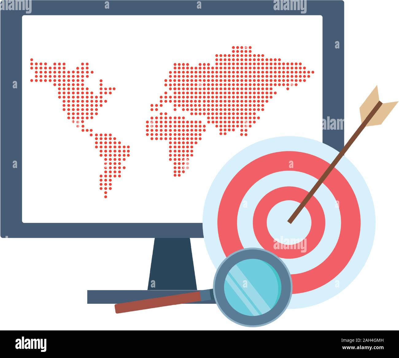 target and magnifying glass with computer monitor, colorful design ...