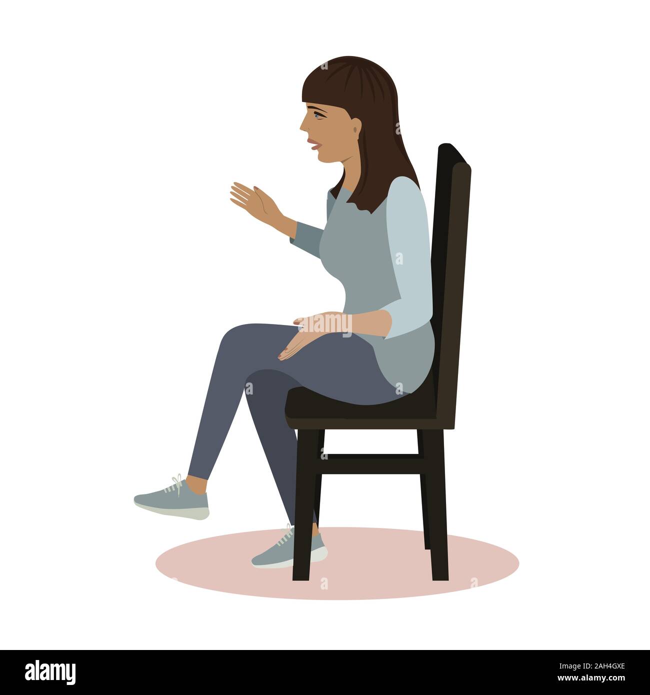 Talking woman seating at the chair. Vector illustration in a flat style isolated on a white background. Stock Vector