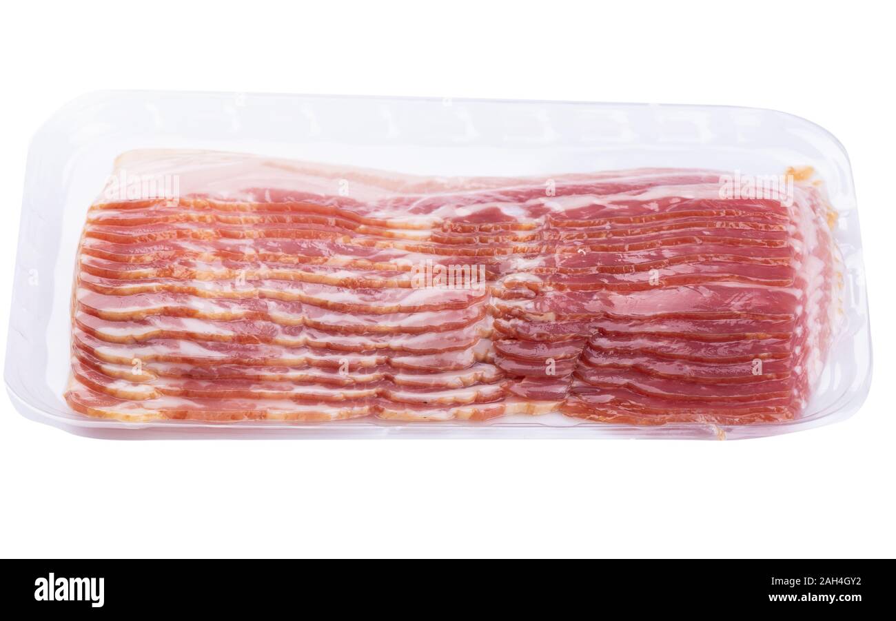 Vacuum packed bacon rashers isolated on white background. Copy space