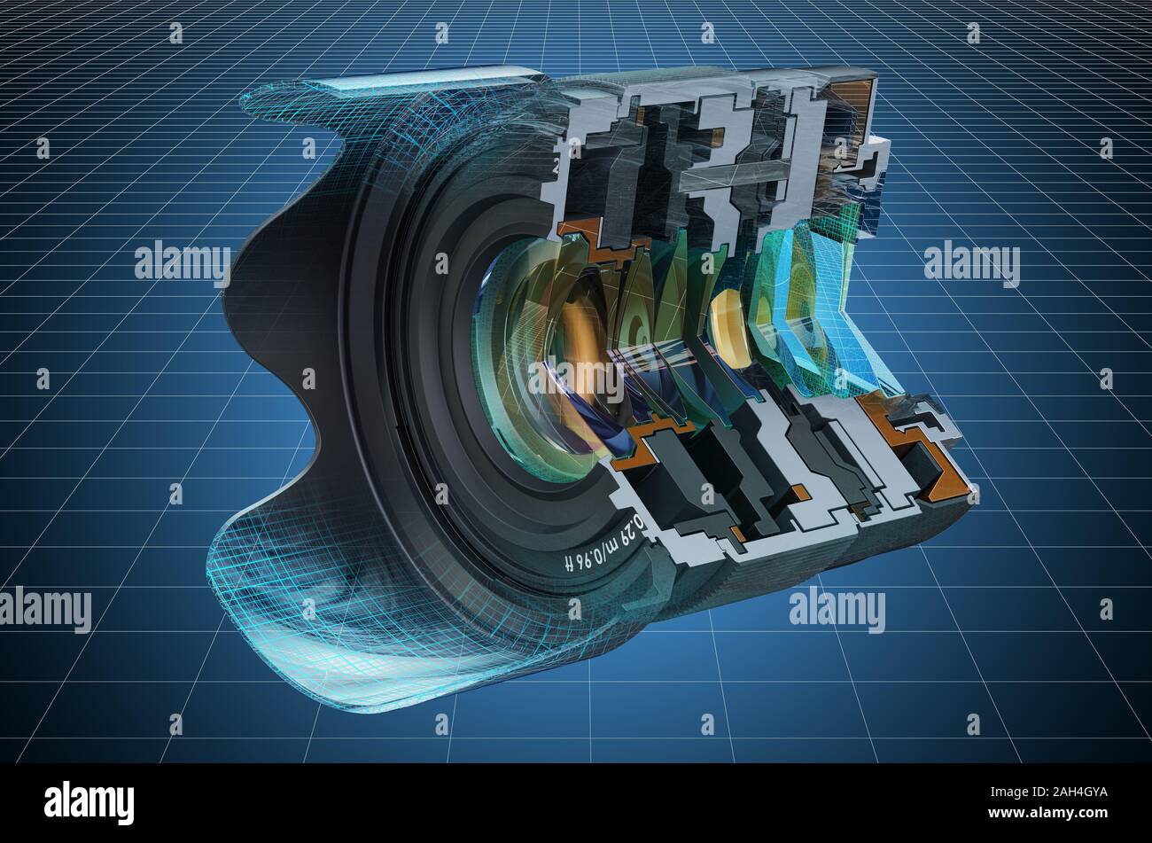 Visualization 3d cad model of sectional of camera lens, fixed focal