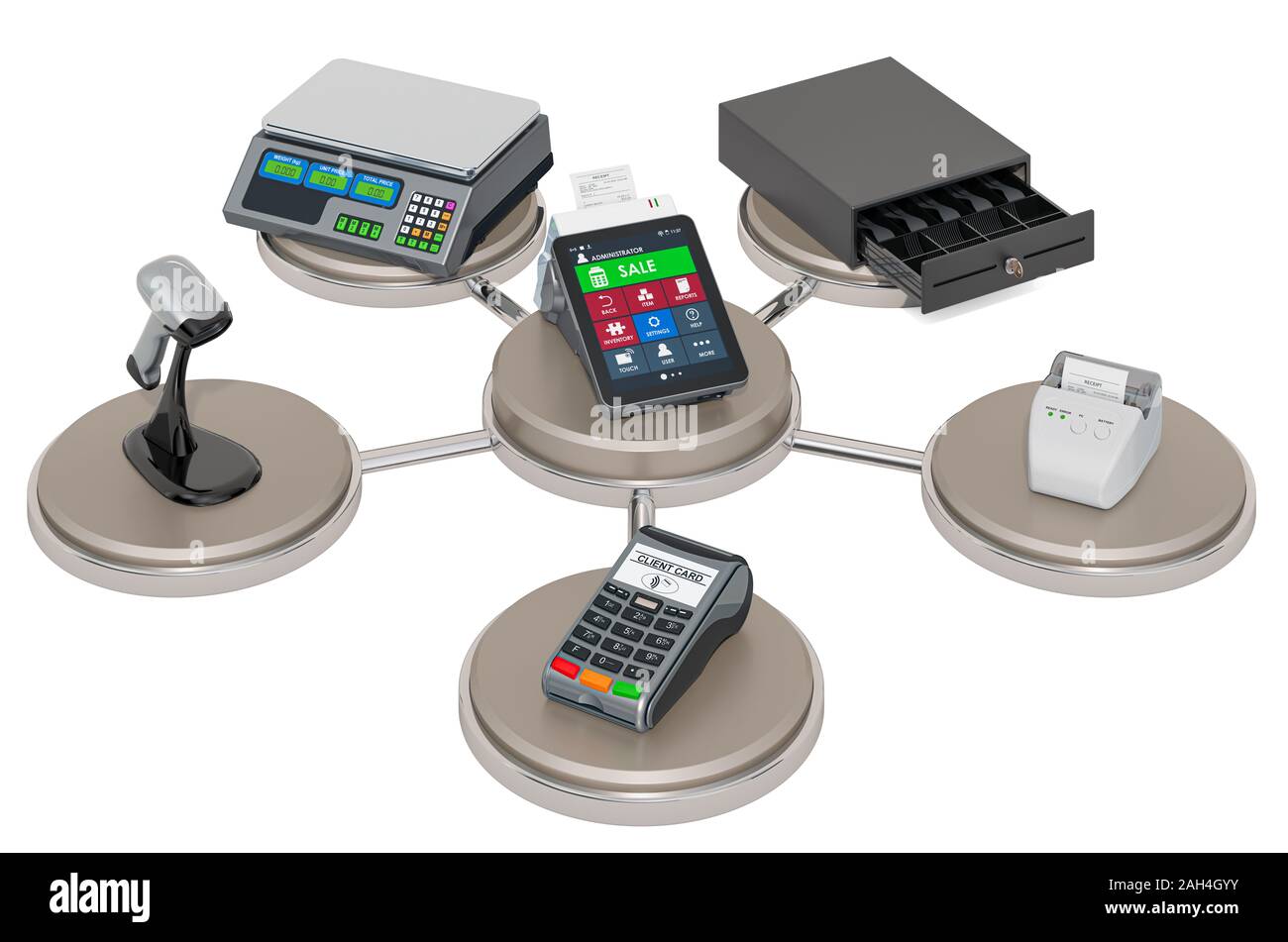 Pos Computer 3d Image POS Equipment in work, 3D rendering isolated on white background Stock ...