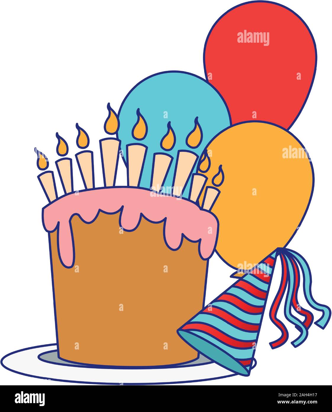 birthday cake with balloons and party hat, colorful design Stock Vector