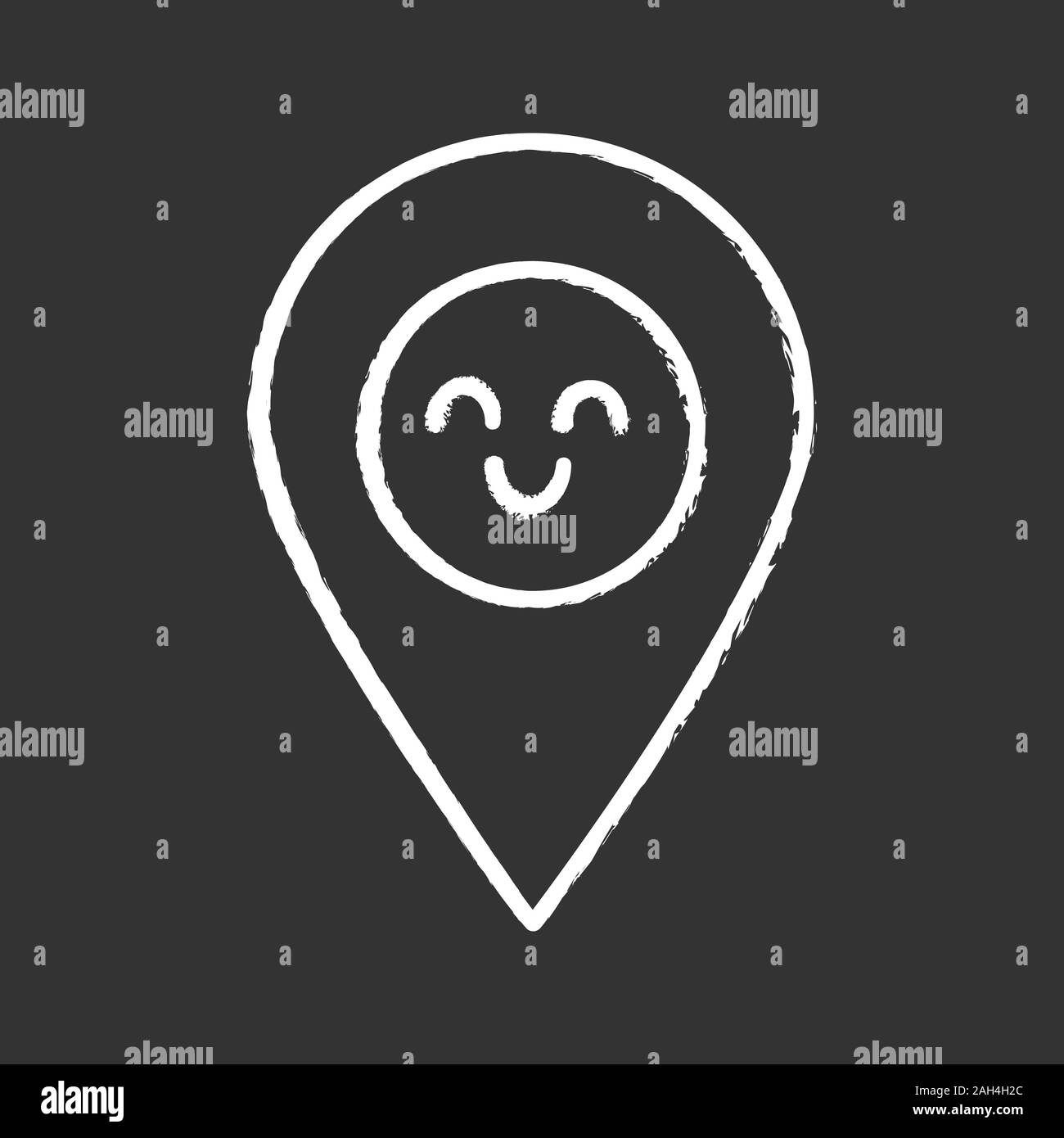 Smiling map pin character chalk icon. Easy GPS navigation. Happy map pinpoint, marker. Emoji, emoticon. Isolated vector chalkboard illustration Stock Vector