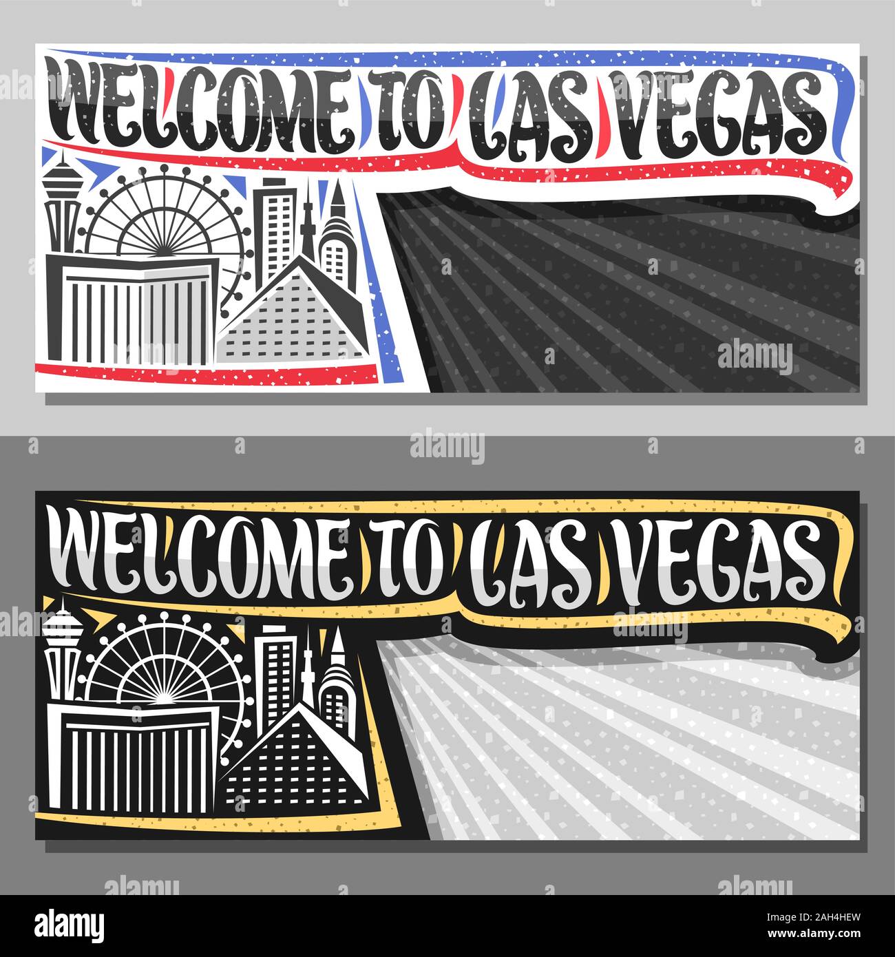 Vector layouts for Las Vegas with copy space, decorative sign board with illustration of skyscrapers and ferris wheel, creative typeface for words wel Stock Vector