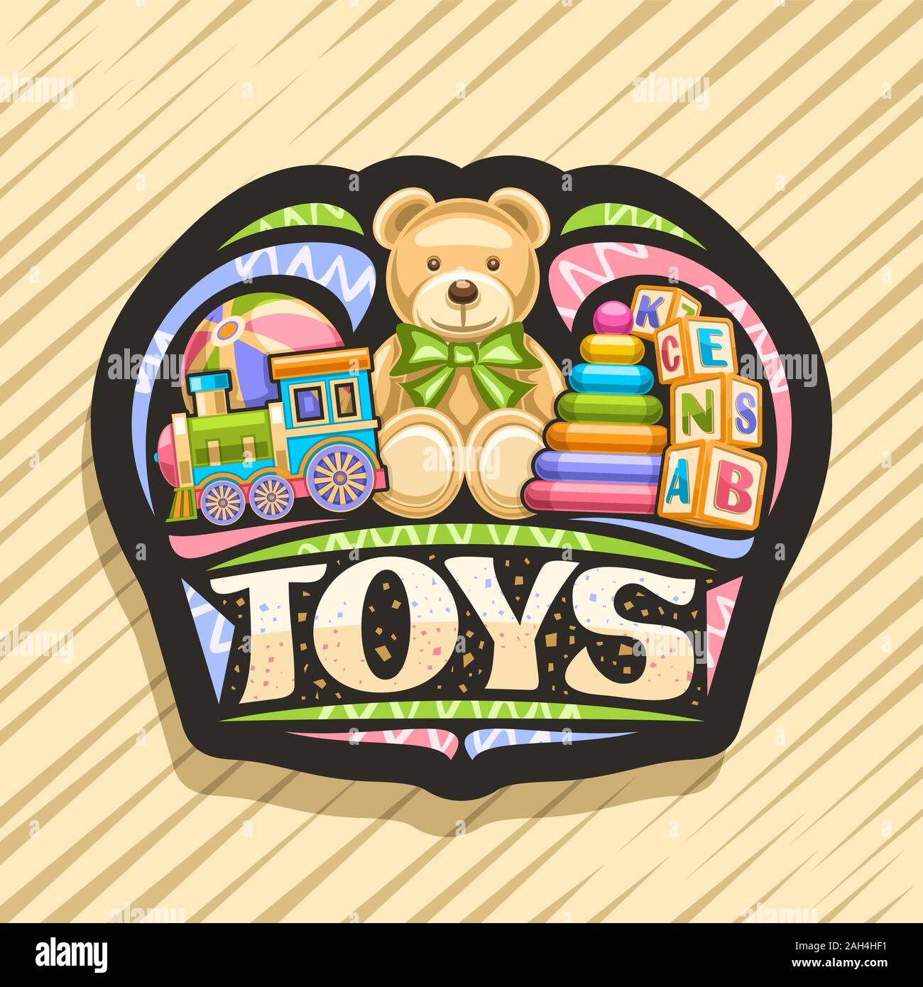 Vector logo for Kids Toys, black decorative sign board with illustration of steam train, inflatable ball, plush teddy bear, plastic pyramid and wooden Stock Vector