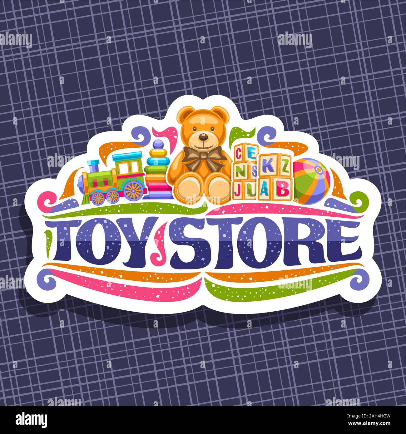 Vector logo for Toy Store, decorative cut paper signboard with illustration of steam train, inflatable ball, soft teddy bear, plastic pyramid, wooden Stock Vector