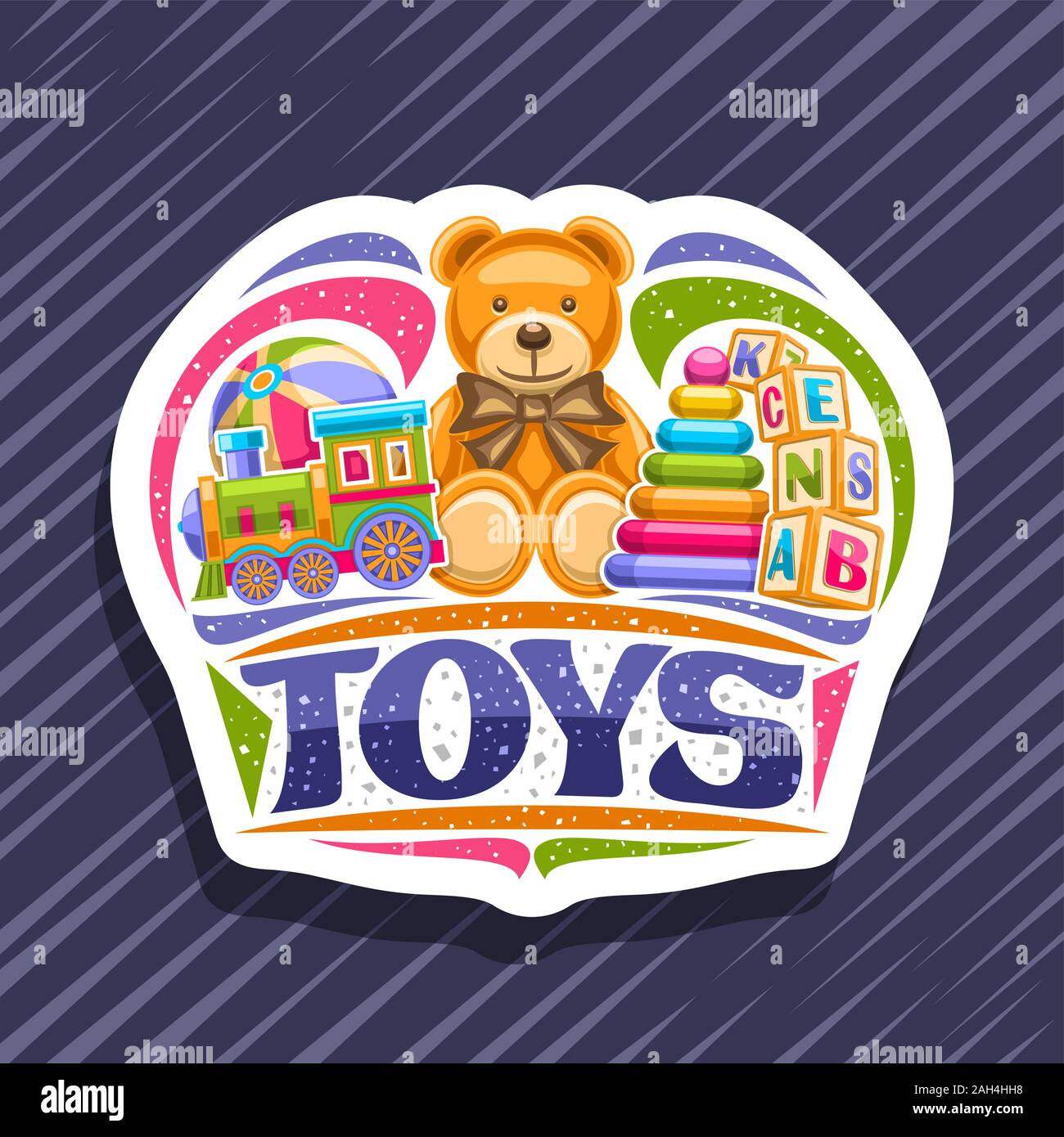 Vector logo for Kids Toys, decorative cut paper sticker with illustration of steam train, inflatable ball, soft teddy bear, plastic pyramid, wooden ki Stock Vector