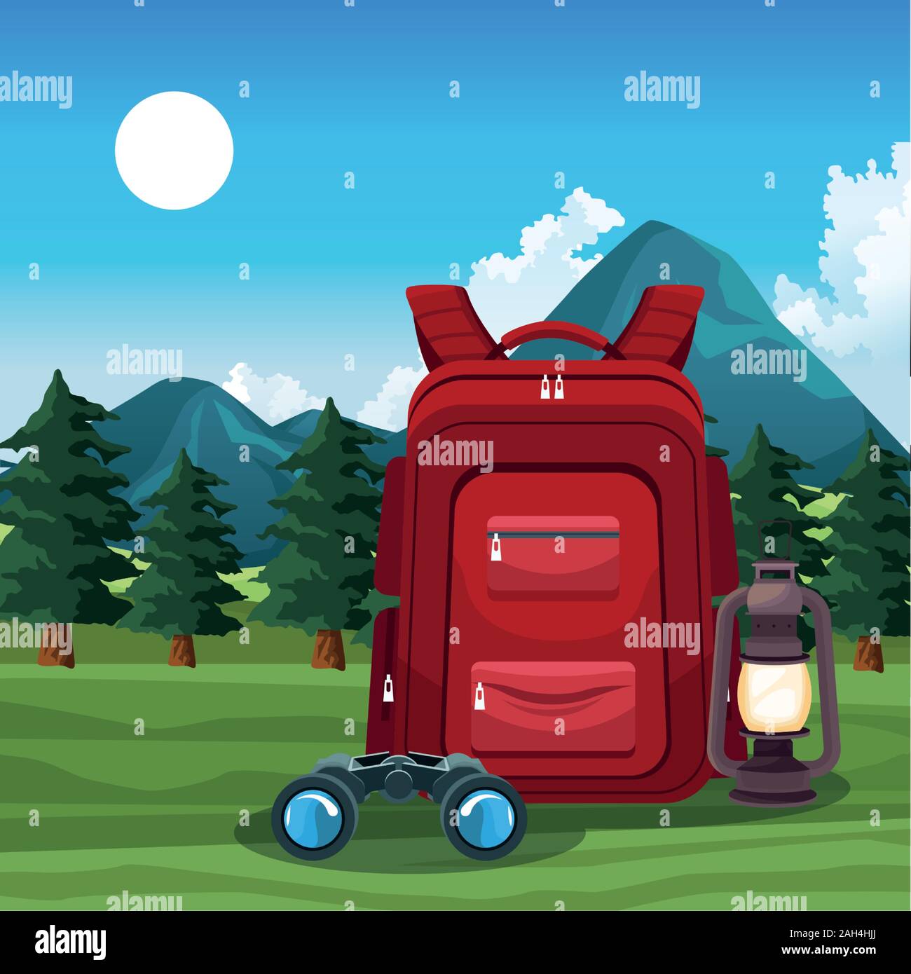 Beautiful mountains and trees landscape with backpack, binoculars and lantern Stock Vector