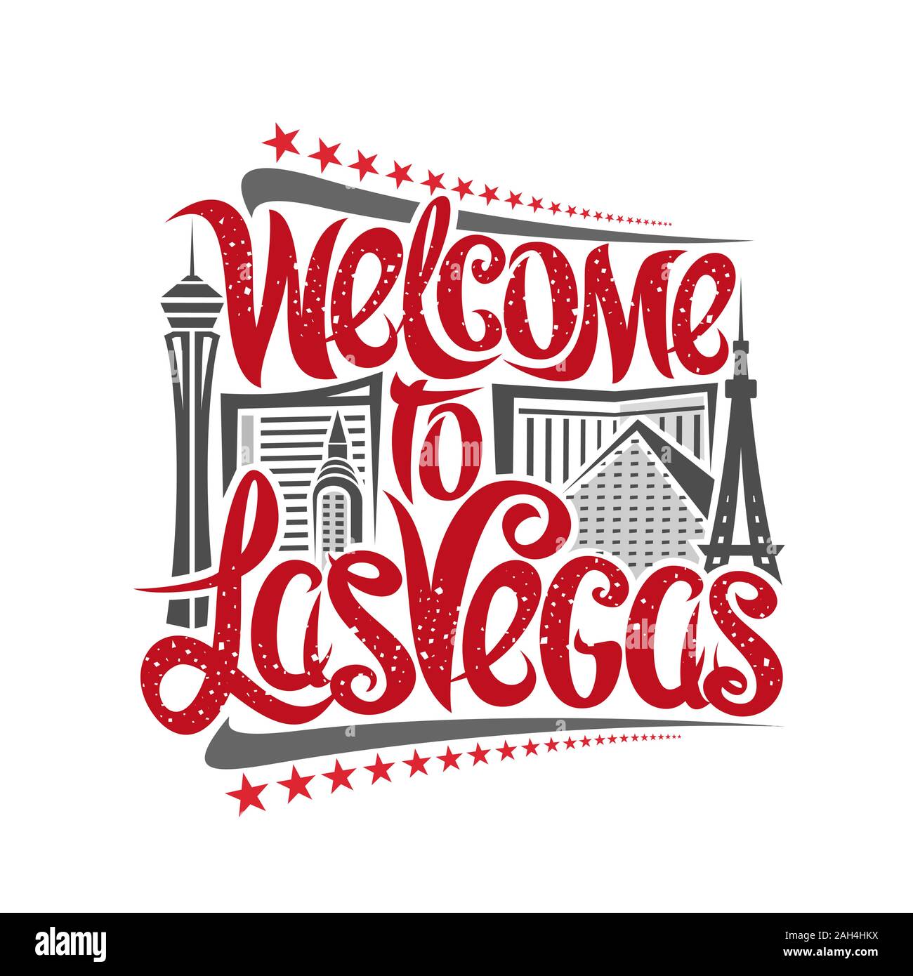 Vector poster for Las Vegas, decorative outline illustration with abstract architecture, elegant lettering - welcome to las vegas and red stars in a r Stock Vector