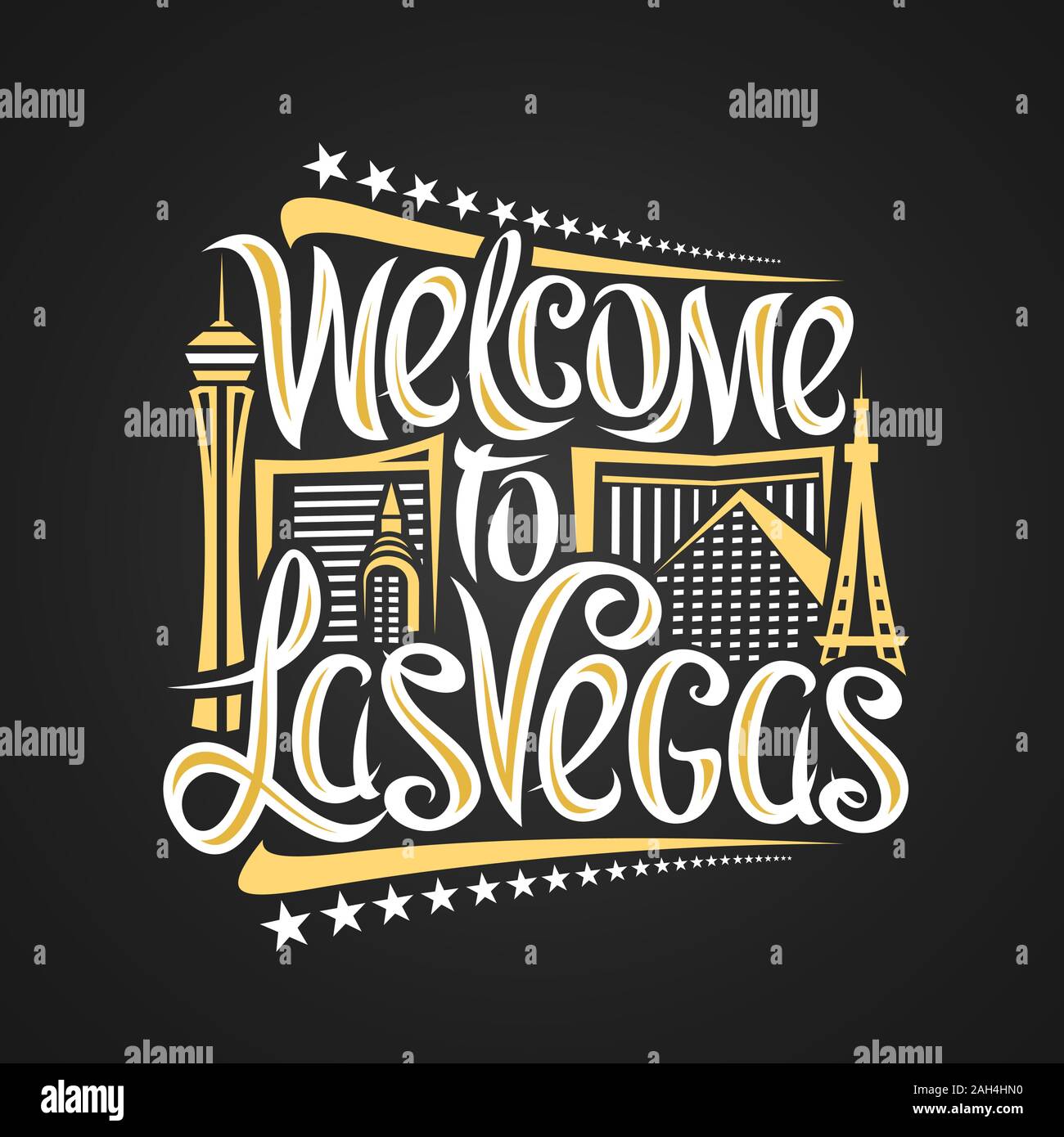 Vector poster for Las Vegas, decorative outline illustration with abstract architecture, creative lettering - welcome to las vegas and stars in a row, Stock Vector