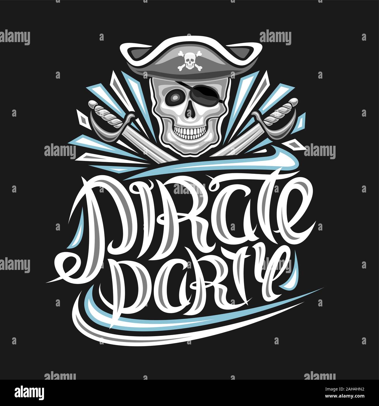 Vector logo for Pirate Party, poster with illustration of human skull in old hat, crossed swords, original brush lettering for words pirate party, cre Stock Vector