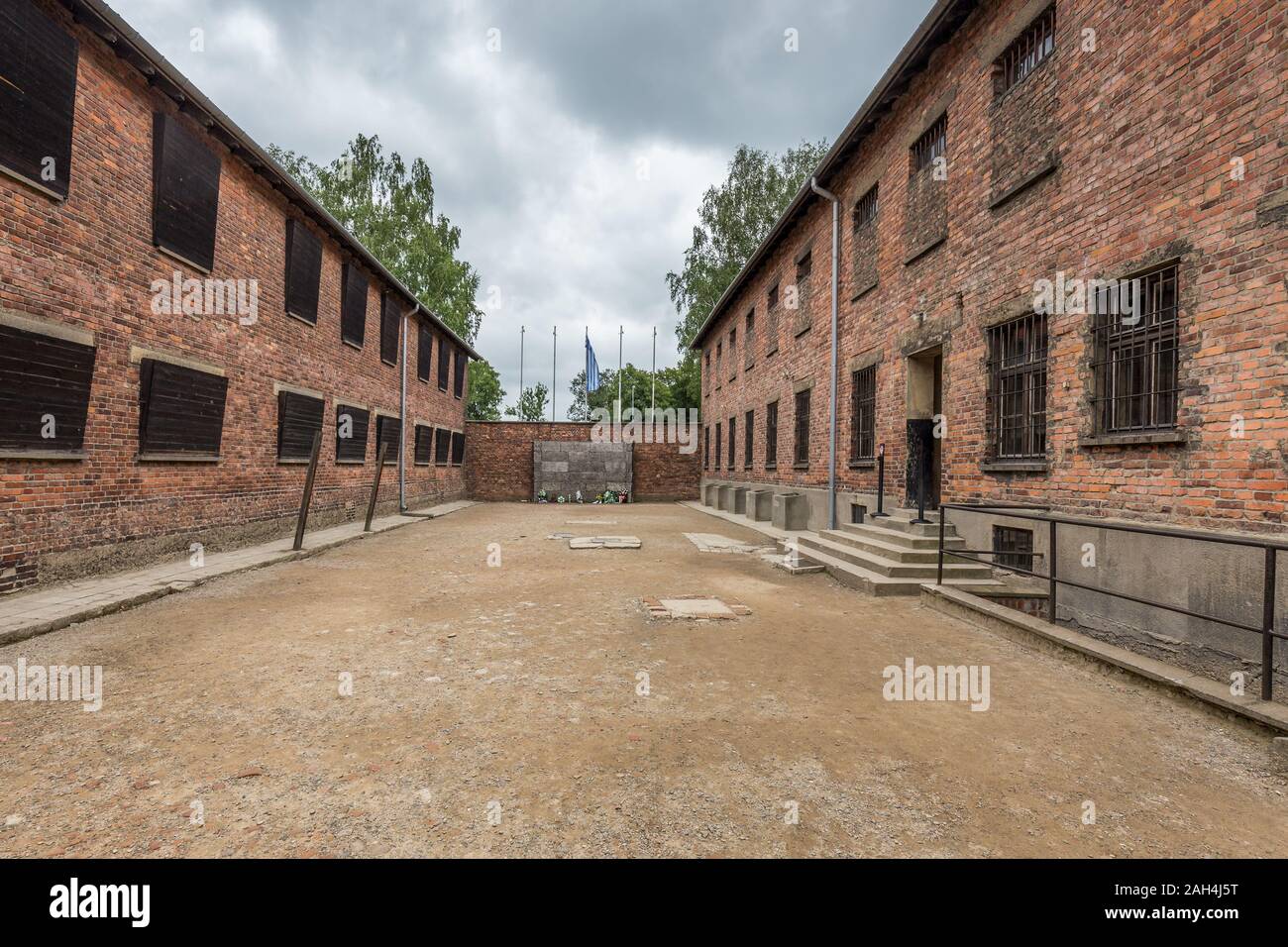 Auschwitz Birkenau, Poland - June 27, 2018: Execution wall at Nazi concentration camp of Auschwitz in Poland. UNESCO World Heritage.Holocaust Remembra Stock Photo