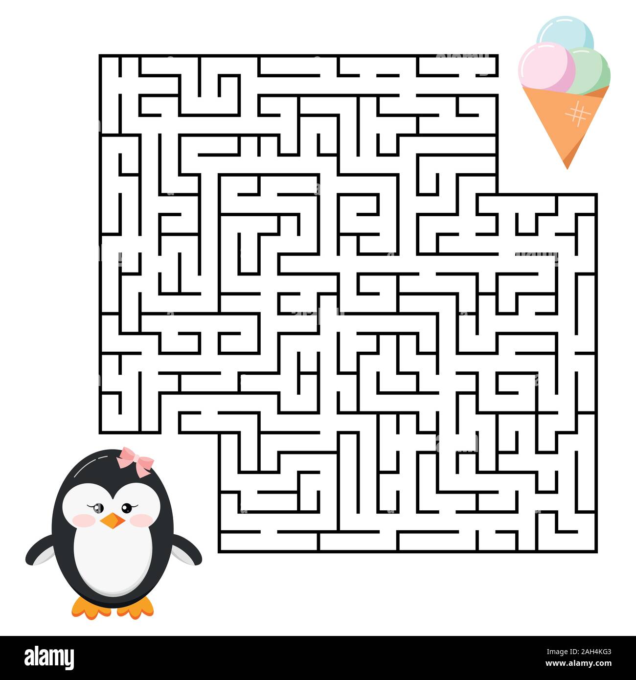 Maze game labyrinth with cute cartoon penguin girl and ice cream for