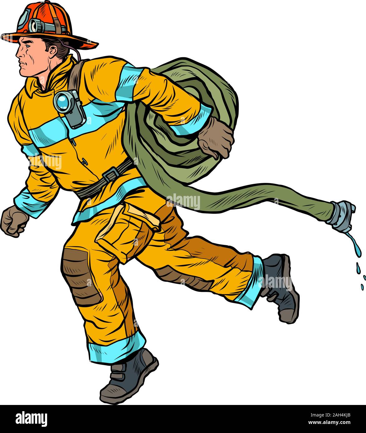 The firefighter rushes to help. Fire hose Stock Vector