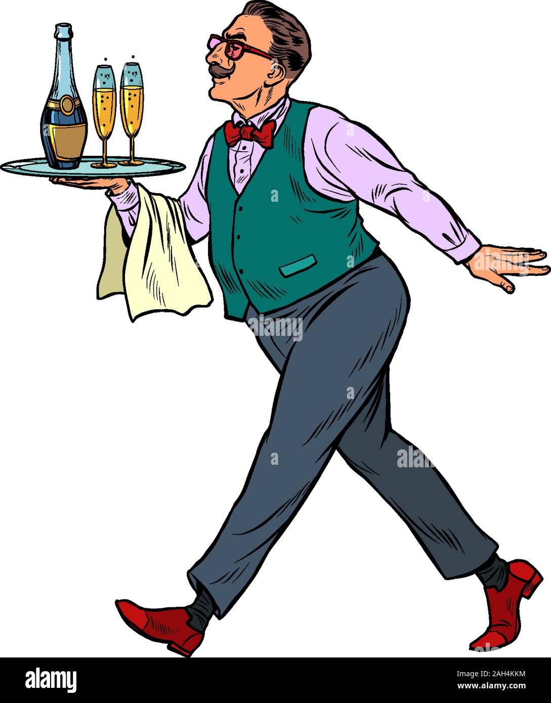 Waiter with a cap tray with glasses Stock Vector