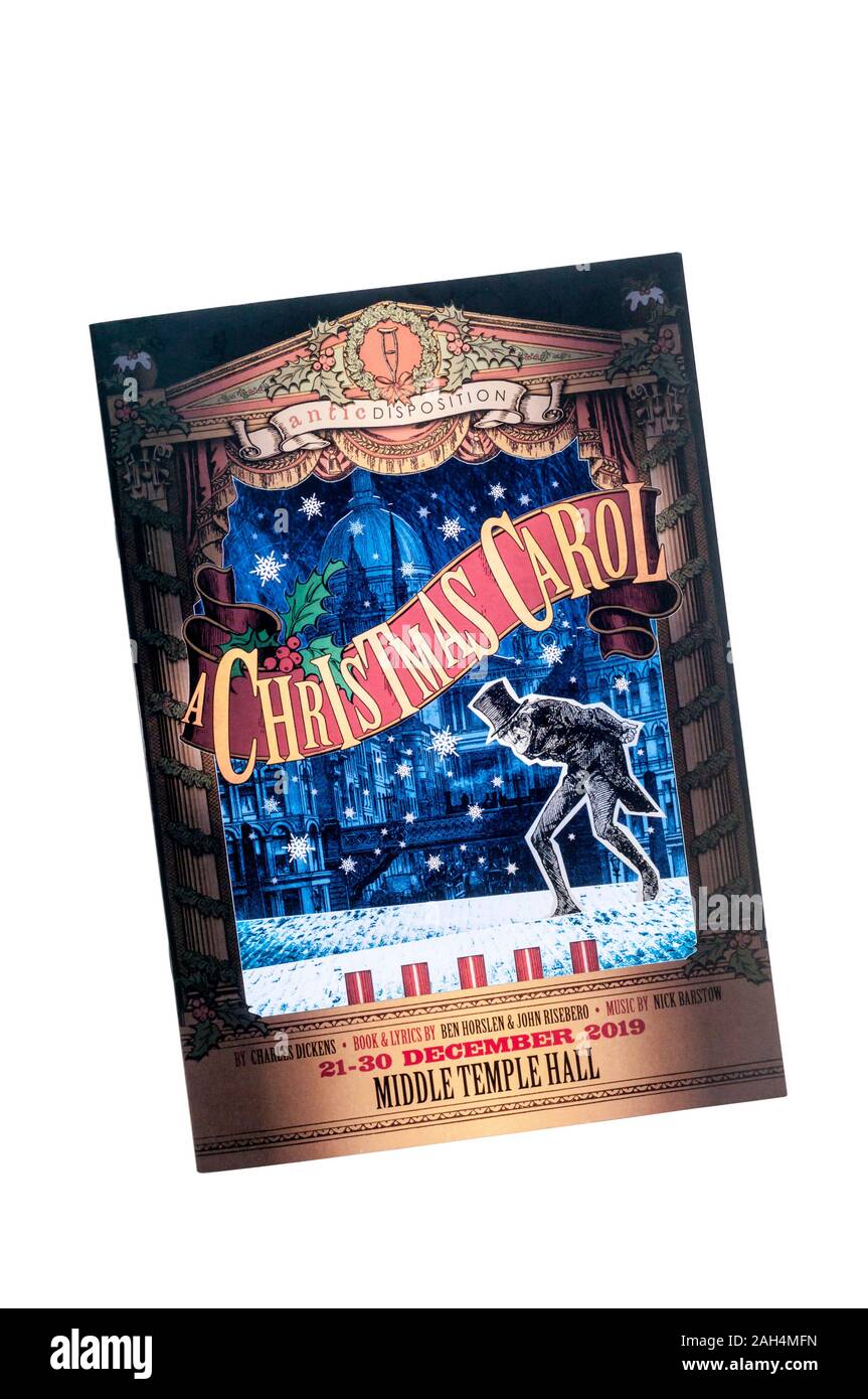 Theatre programme for 2019 Antic Disposition production of A Christmas Carol by Charles Dickens in the Middle Temple Hall of the Inns of Court, London Stock Photo
