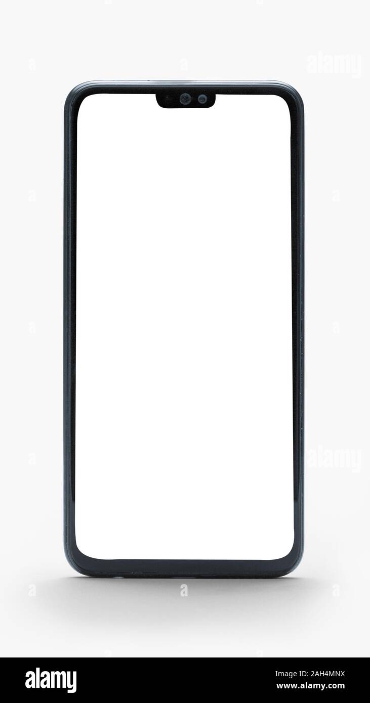 White smartphone with white blank screen on isolated white background ...