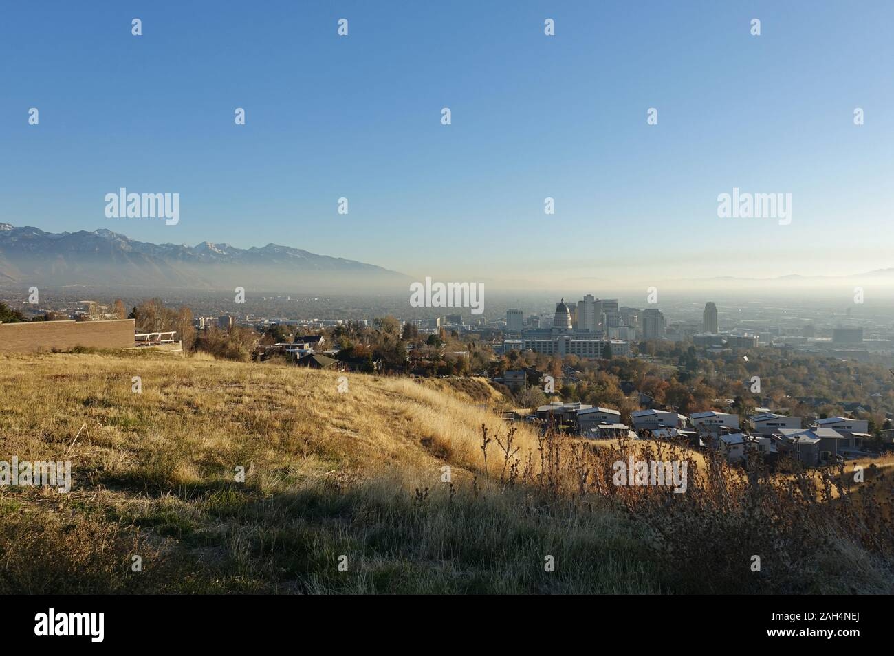 Landscape view of the Utah State Capitol Building and Salt Lake City, Utah, seen from the Ensign Peak Stock Photo