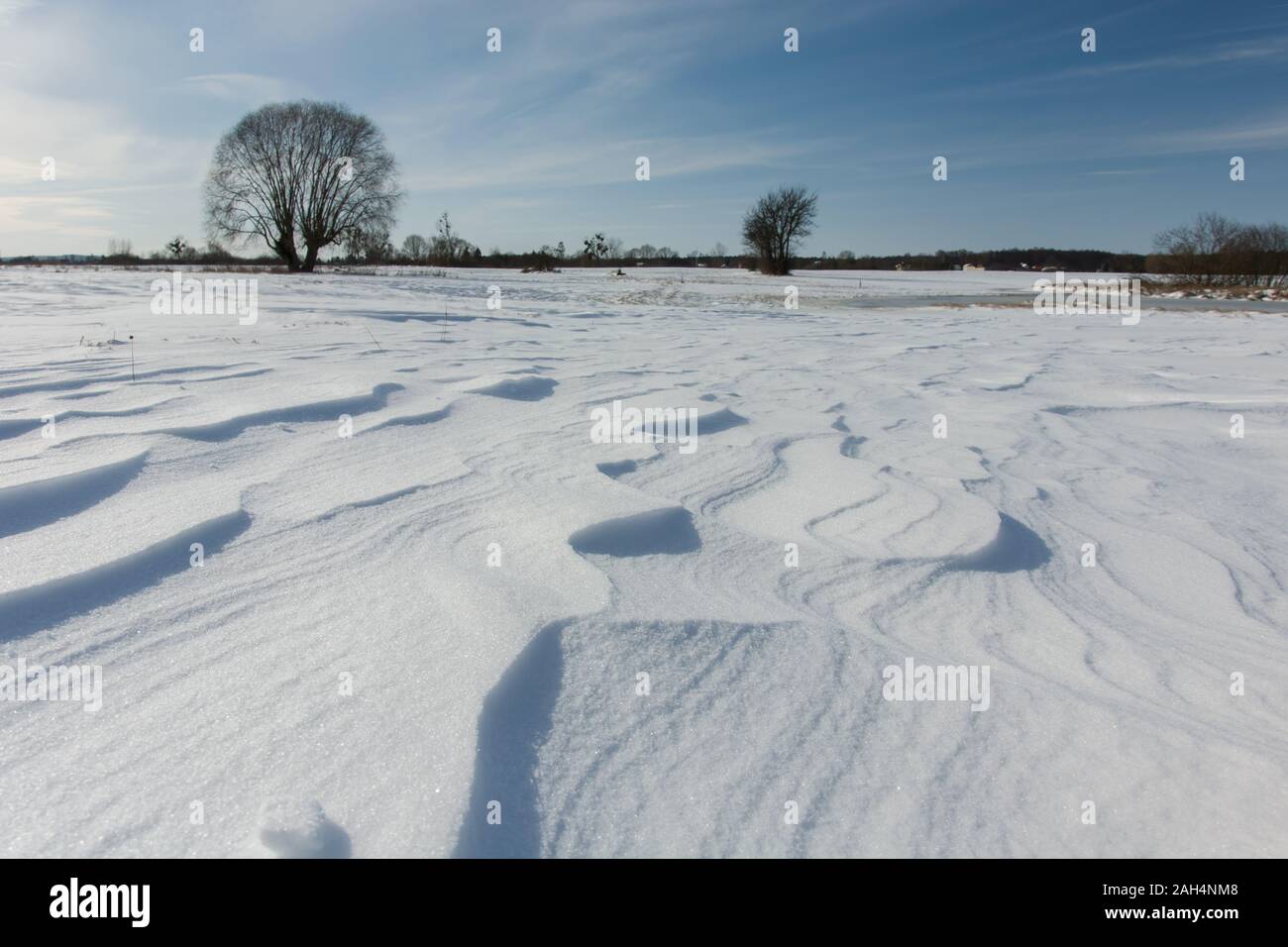 Snowdrifts on the field, winter view Stock Photo