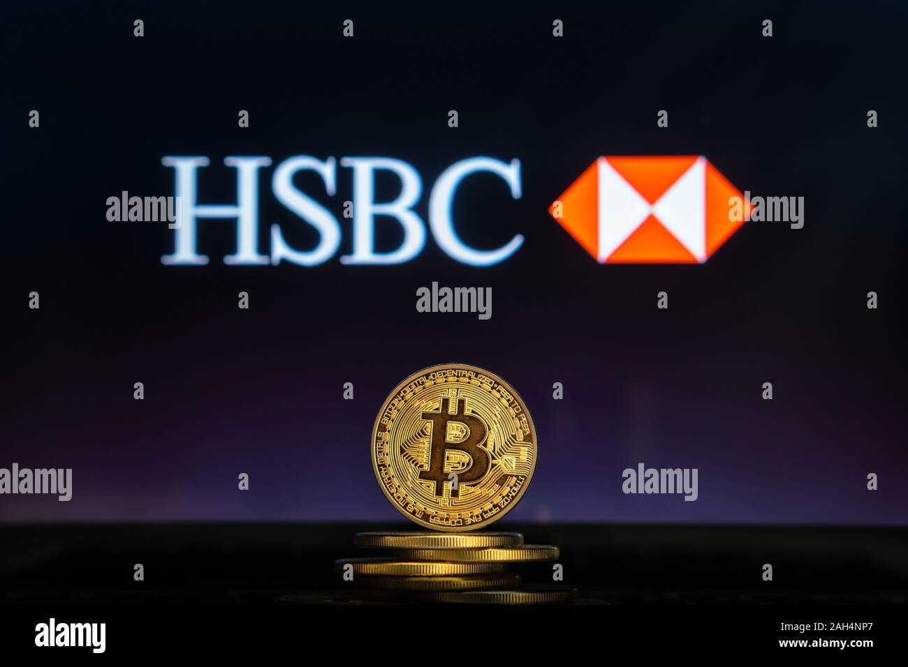 Slovenia, Ljubljana - 02 24 2019: Bitcoin on a stack of coins with HSBC  Bank logo on a laptop screen Stock Photo - Alamy