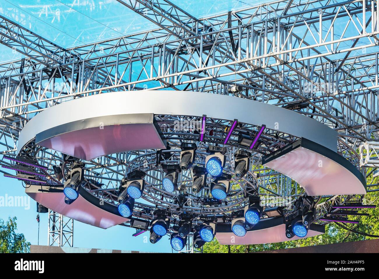 Professional lighting equipment for the stage before the show. Stock Photo