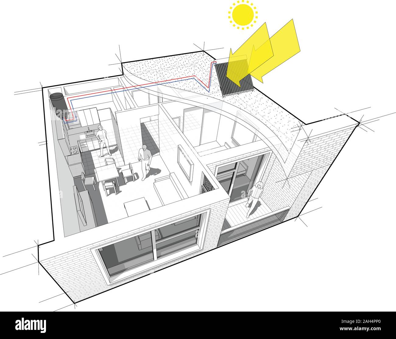 Perspective cutaway diagram of a one bedroom apartment completely furnished with with additional solar water heating panels on the roof Stock Vector