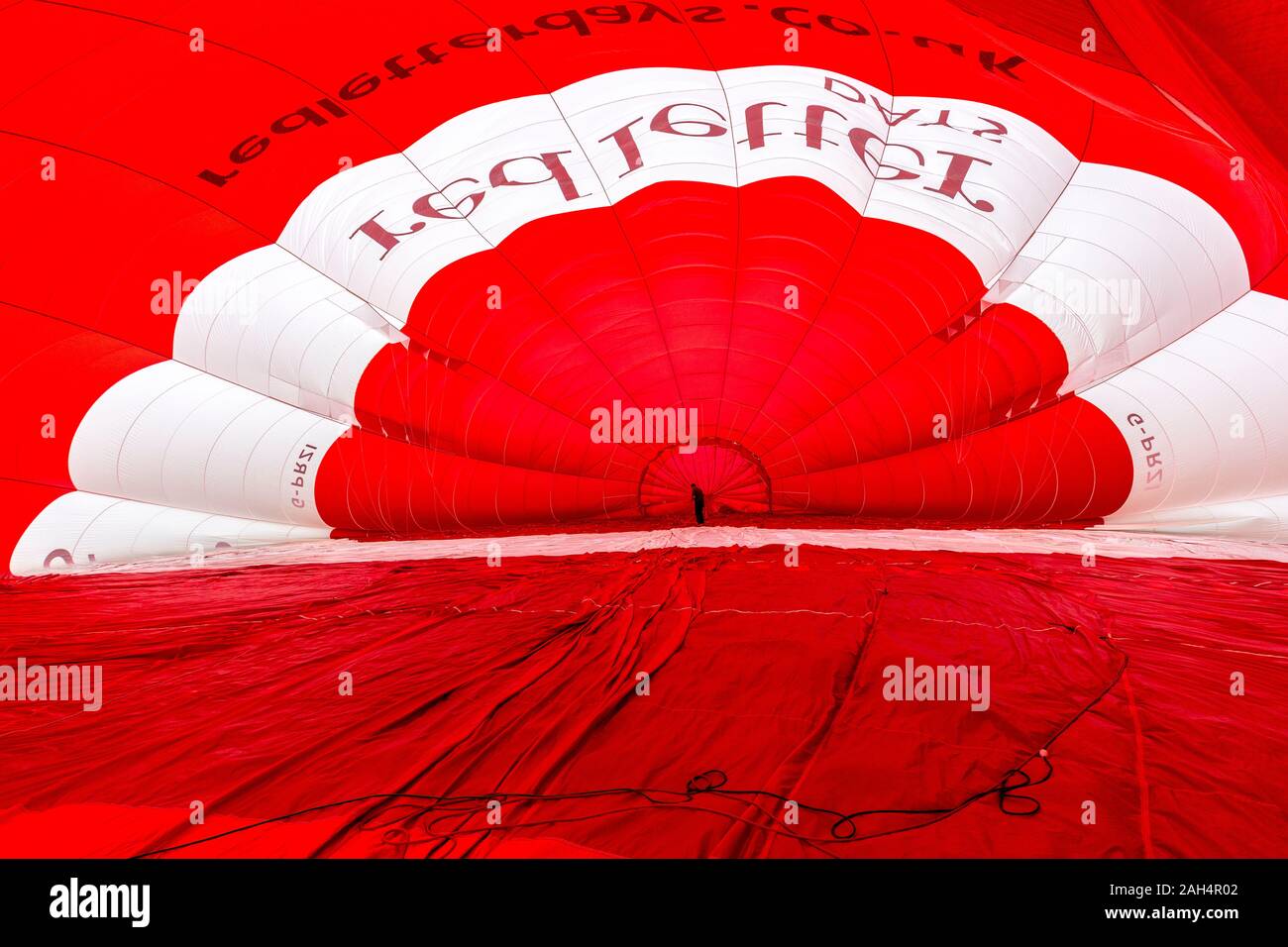 Inside a hot air balloon being inflated before takeoff, Wales, UK Stock Photo