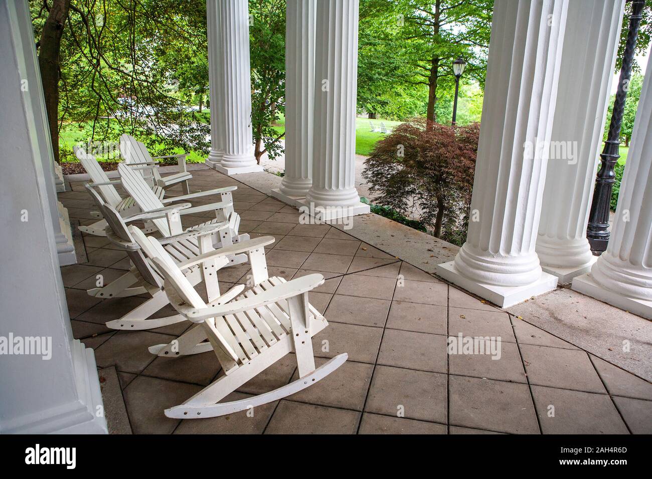 Rocking Chairs on Front Porch, Parrish Hall, Swarthmore College, Swarthmore, Pennsylvania, USA Stock Photo