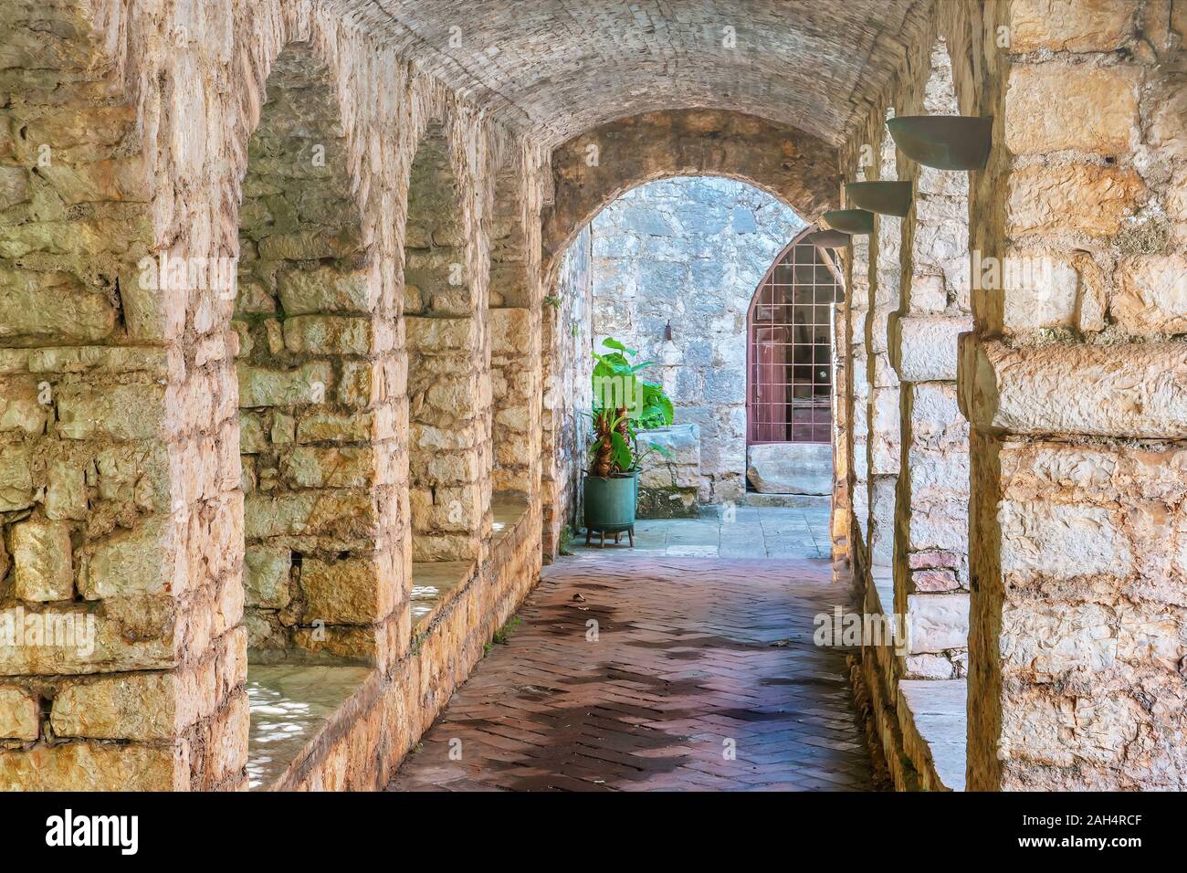 An arched passageway in a medieval building in Croatia, with a potted green plant adding color to the scene. Stock Photo