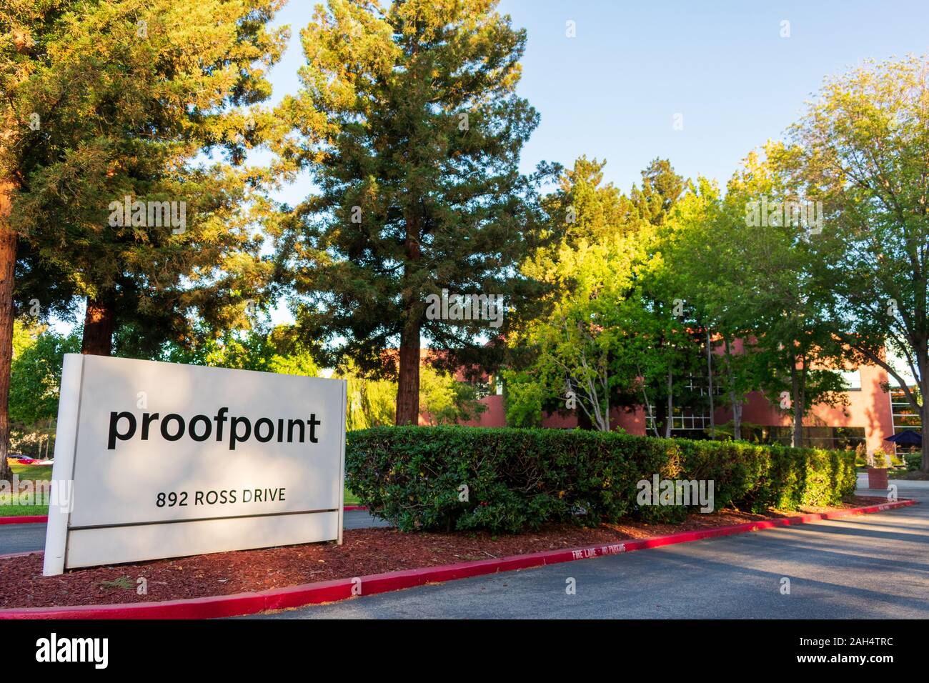 Proofpoint sign near company headquarters in Silicon Valley, hightech hub of Bay Area
