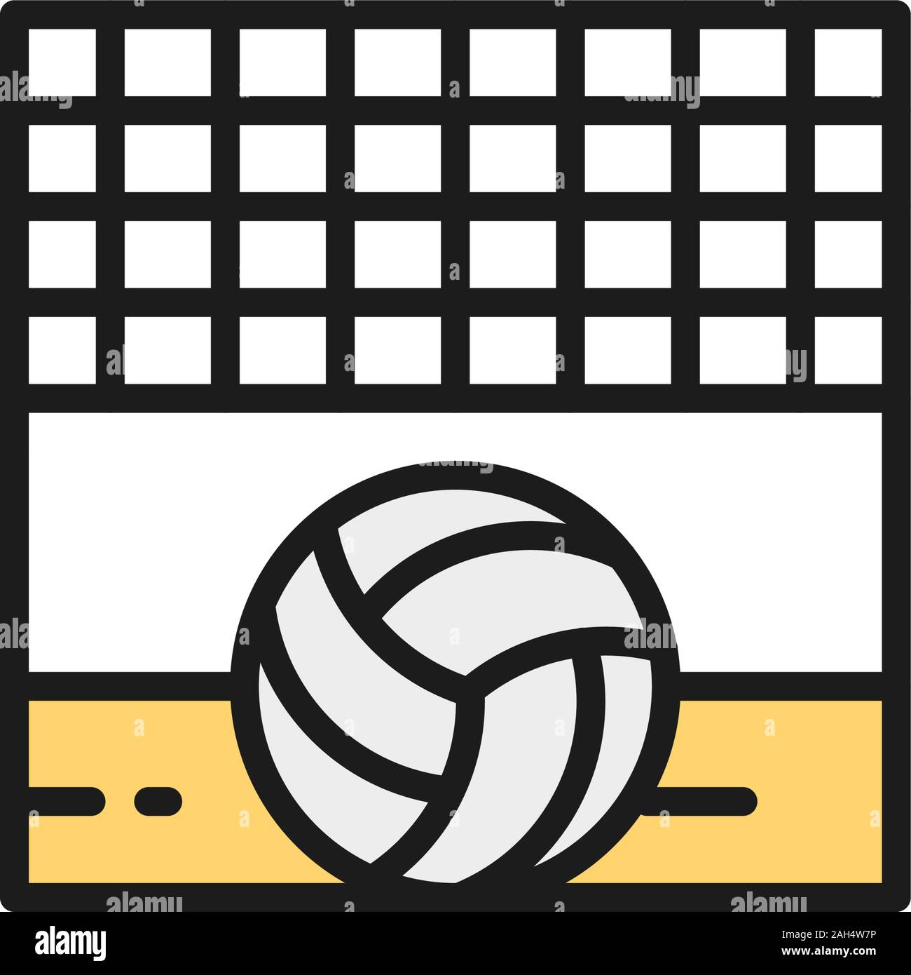 Volleyball net with ball, sand beach flat color line icon. Stock Vector