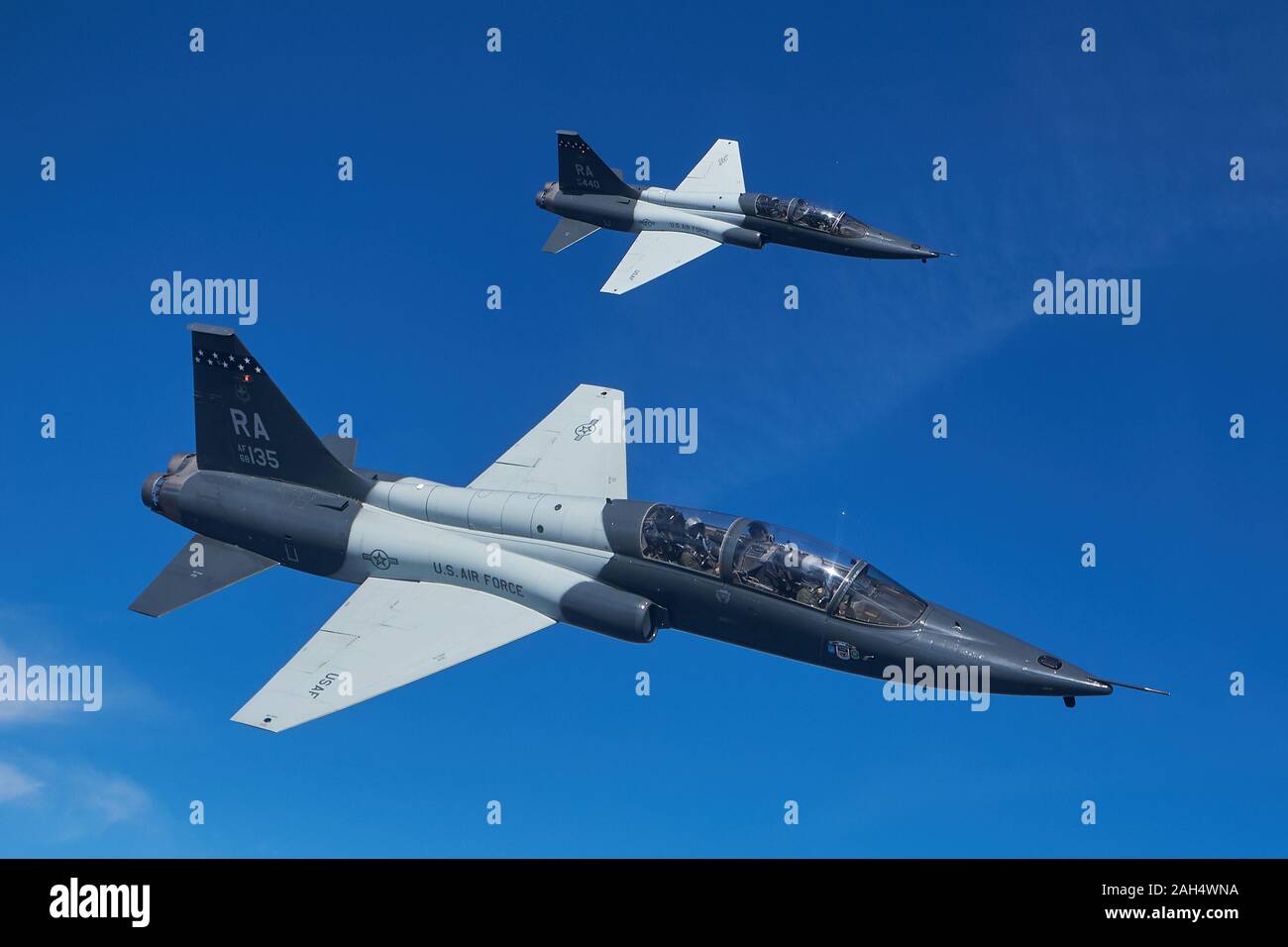 U.S. Air Force T-38C Talons assigned to the 560th Flying Training Squadron, Joint Base San Antonio-Randolph, rejoin a 4-ship formation during instructor pilot training over a military operations area in Southern Texas, Dec. 19, 2019. The flight focused on 4-ship maneuvers and proficiency for instructor pilots completing syllabus training. The 560 FTS qualifies pilots from various airframes as instructor pilots in the T-38 aircraft.  (U.S. Air Force photo by MSgt Christopher Boitz) Stock Photo