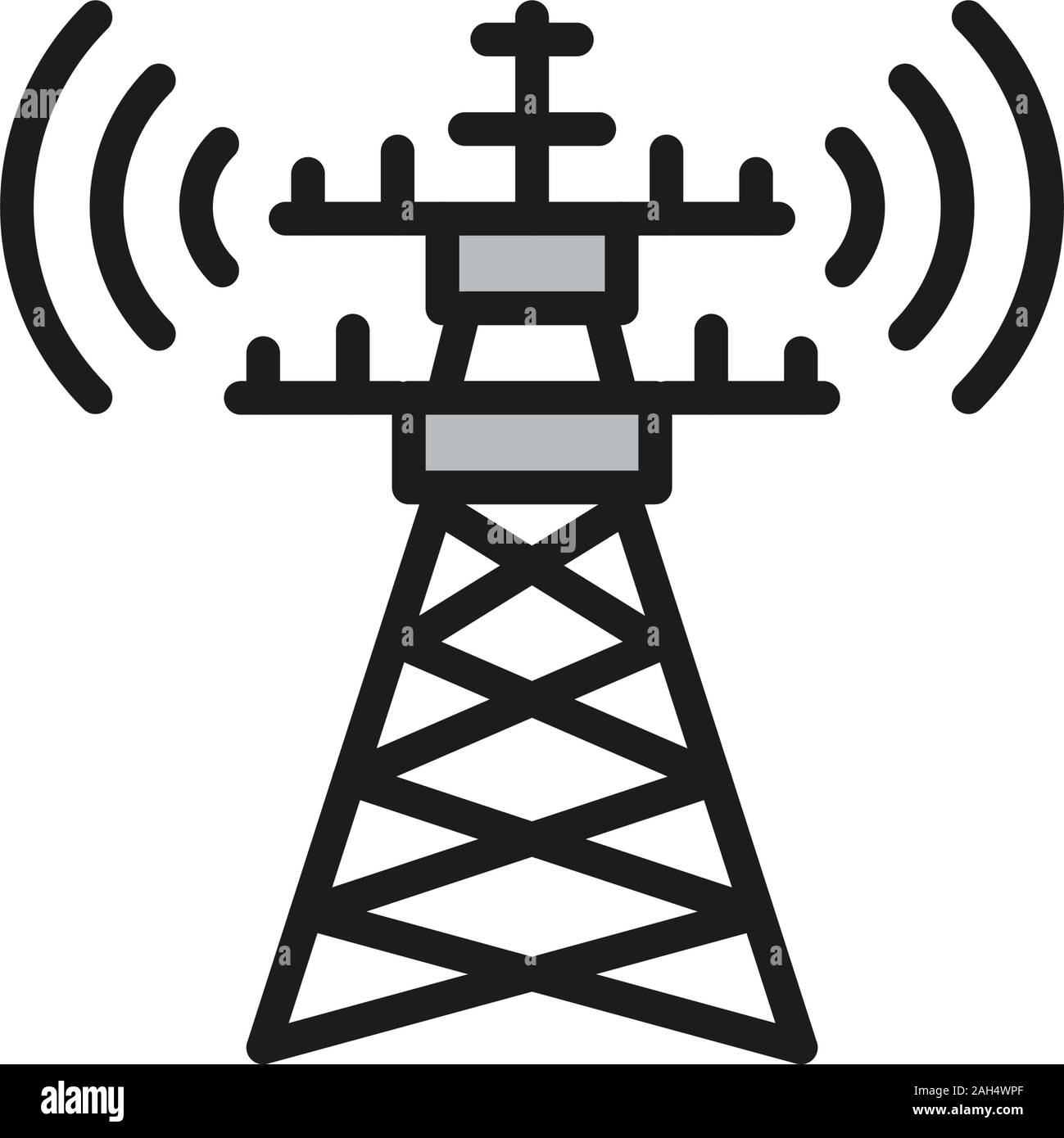 5G internet tower, telecommunications tower, satellite antenna color line icon. Stock Vector