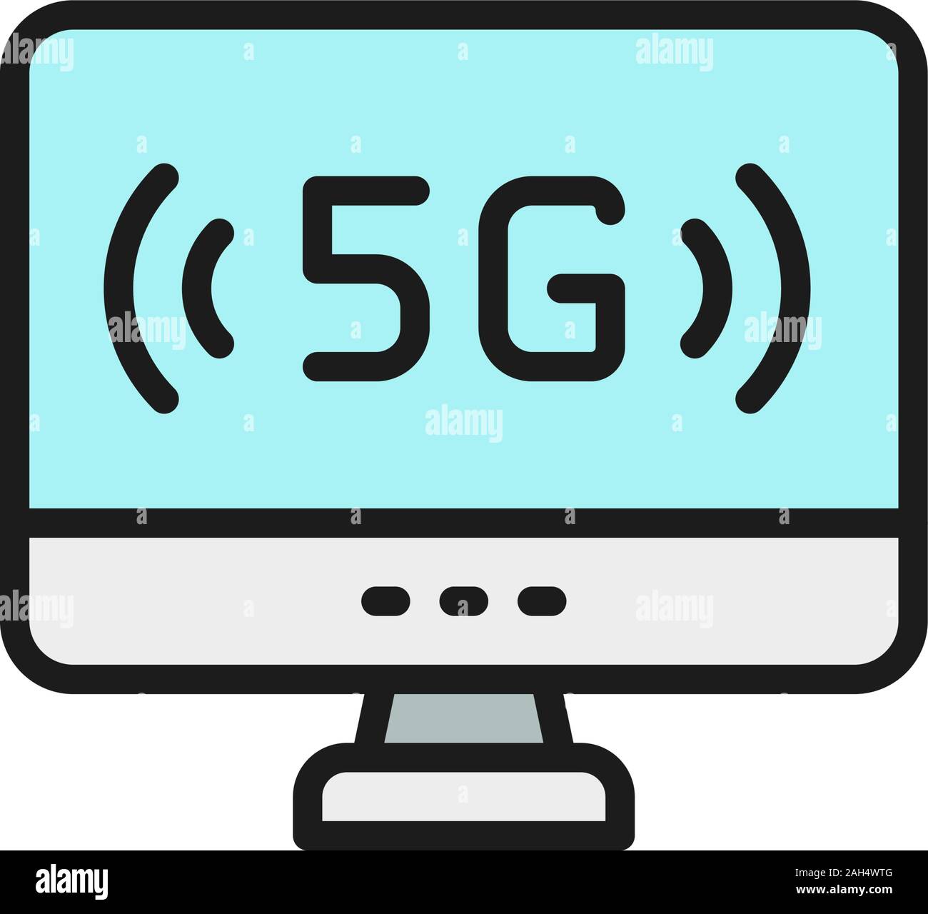 Personal computer with 5G internet flat color line icon. Stock Vector