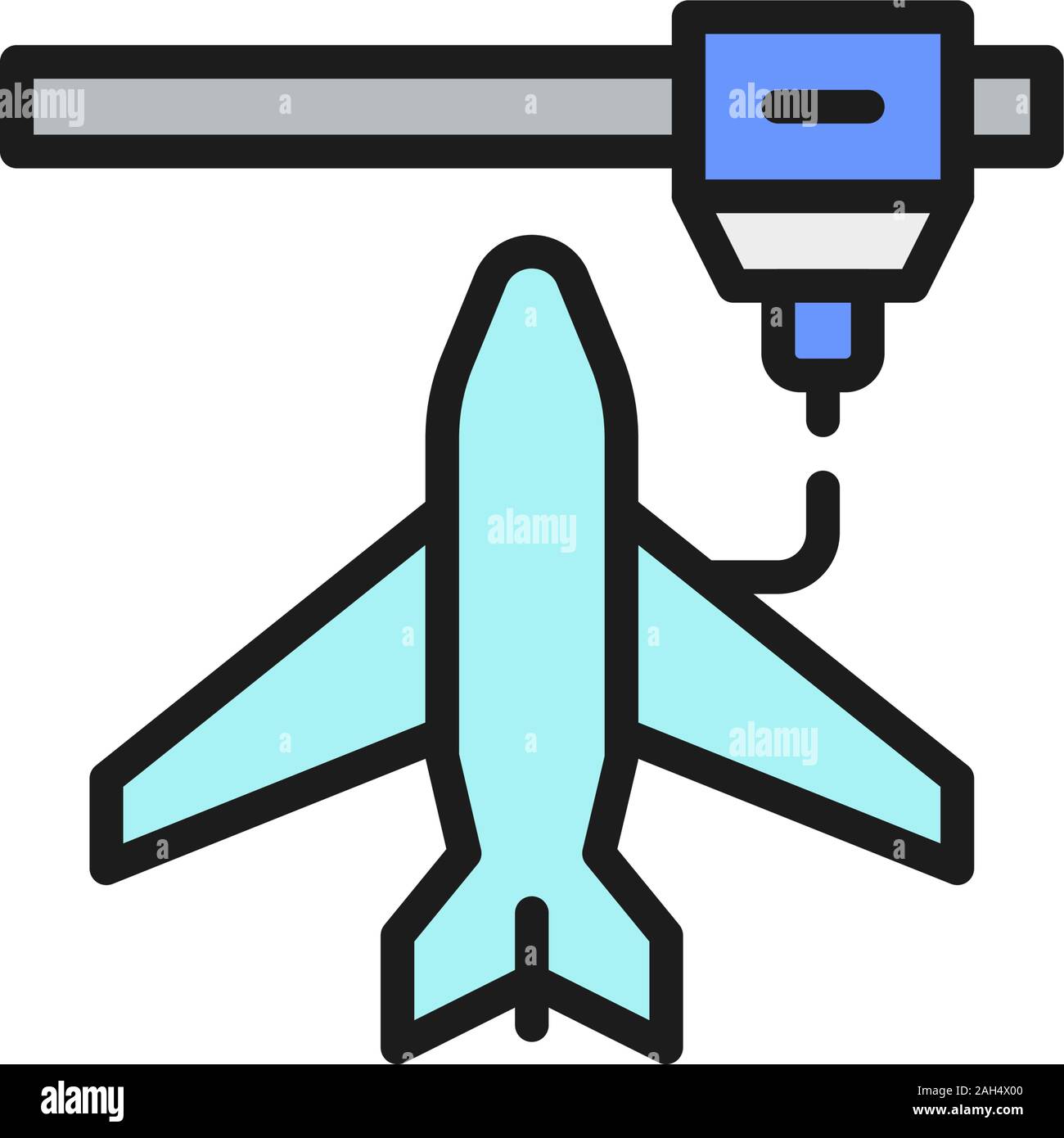 3d printing a toy airplane model, industrial printer flat color line icon. Stock Vector