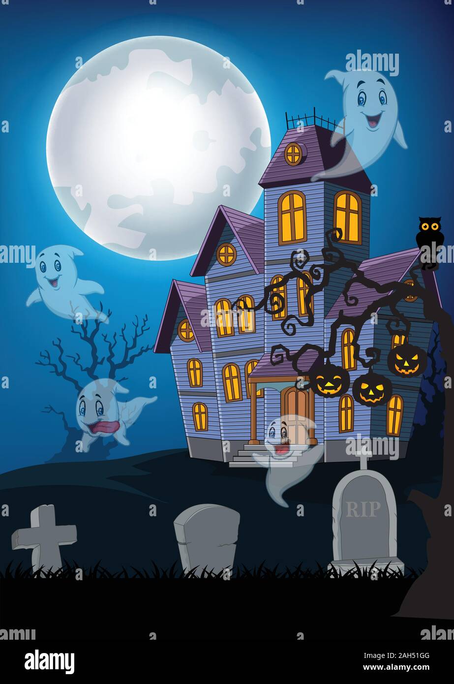 Haunted house and ghost with halloween background Stock Vector Image ...