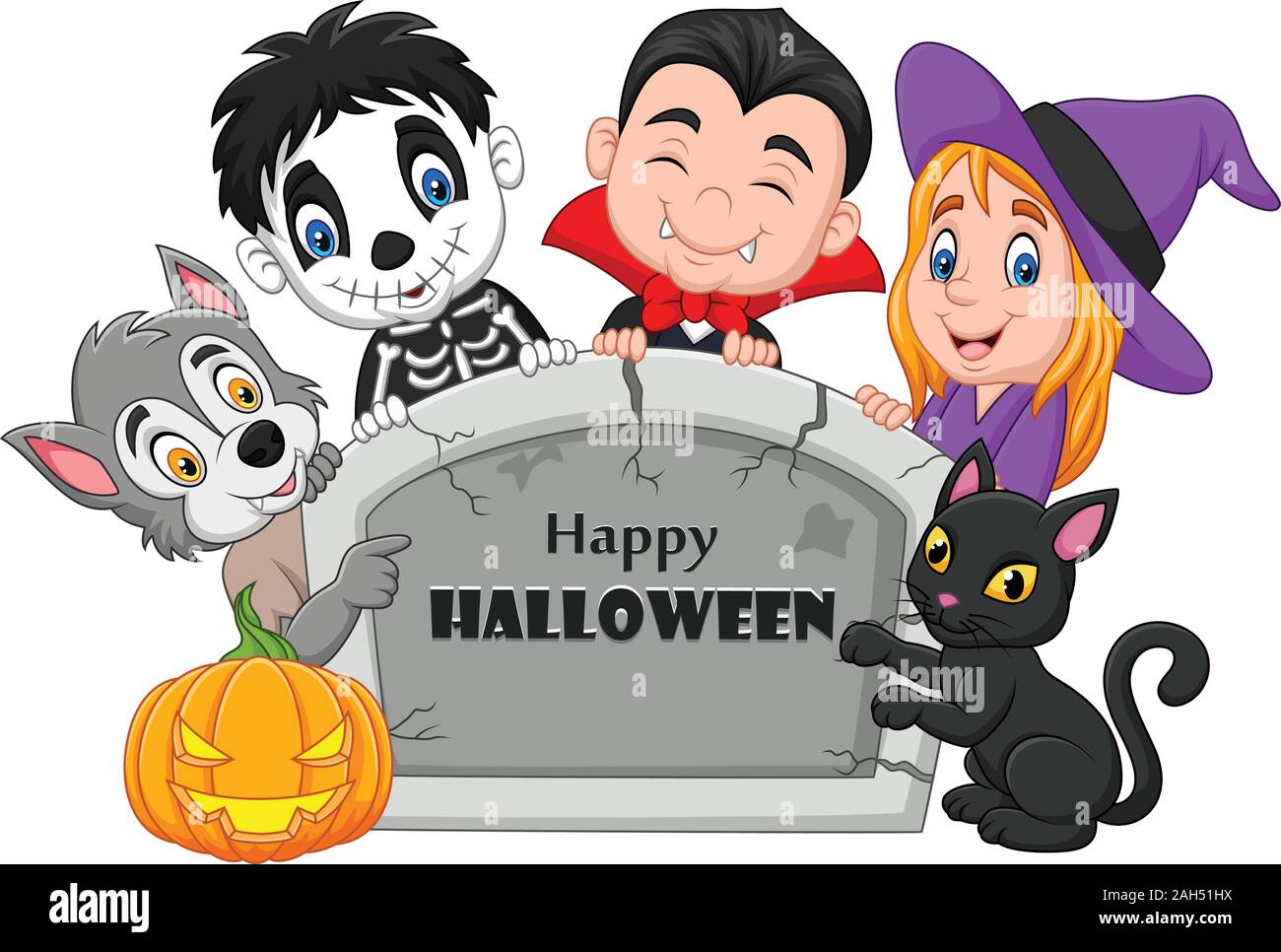 Cartoon kids with Halloween costume holding tombstone Stock Vector