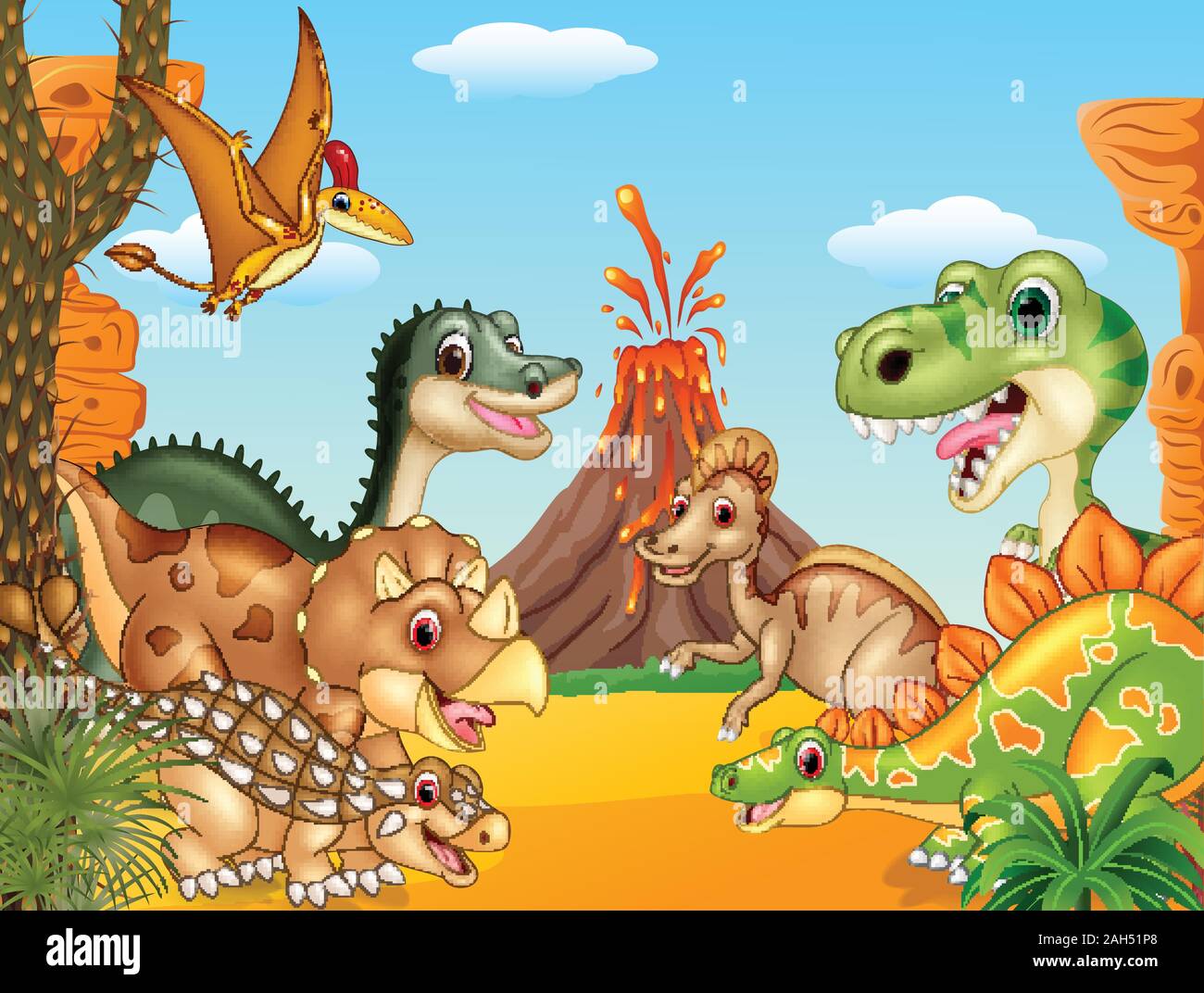 Cartoon happy dinosaurs with volcano Stock Vector