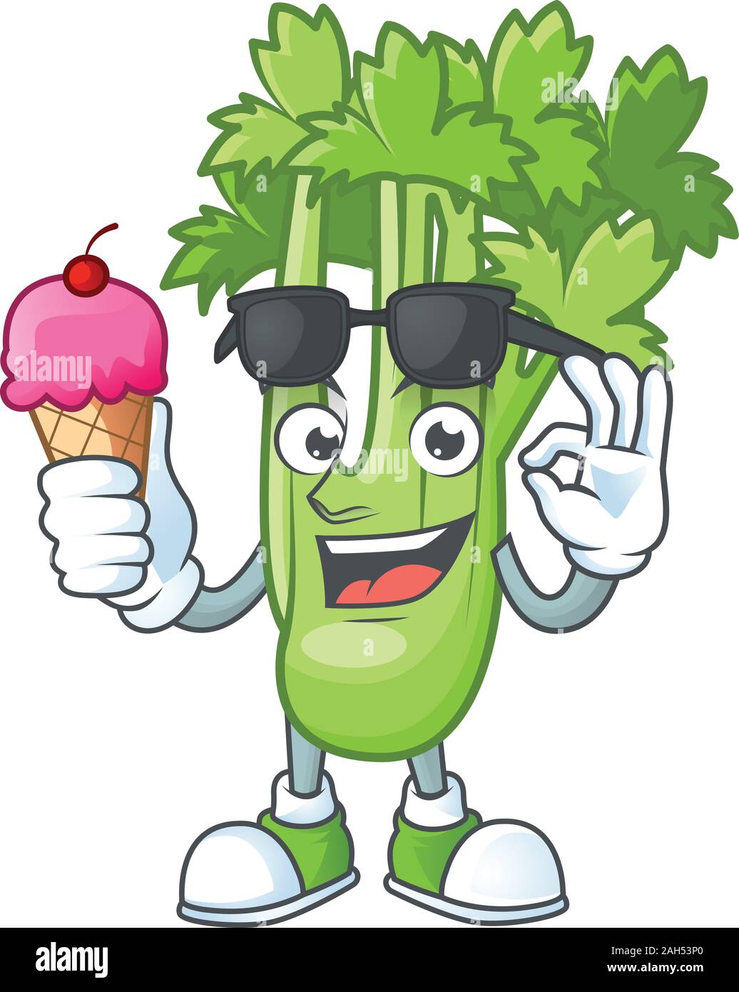 Cute celery plant cartoon character with ice cream Stock Vector Image