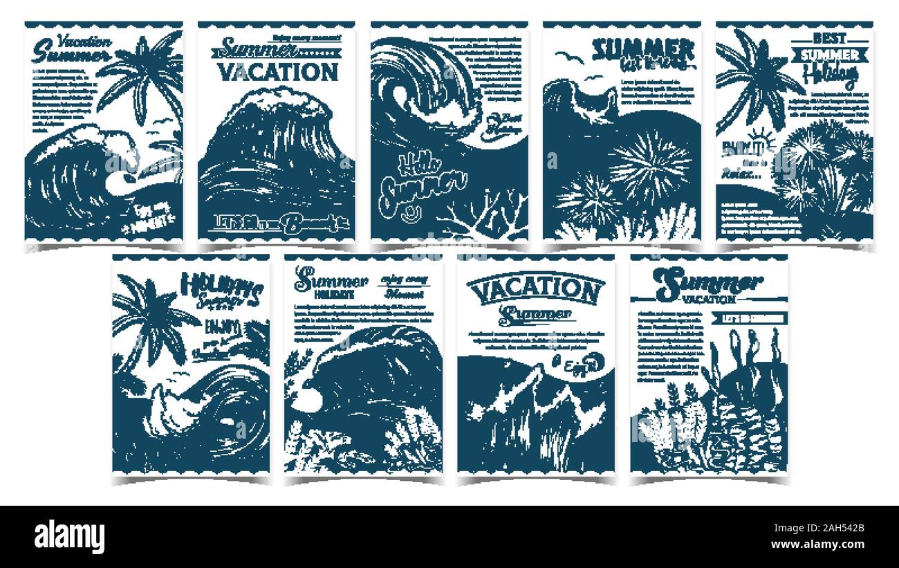 Wave, Palm Trees And Seaweeds Banner Set Vector Stock Vector Image ...