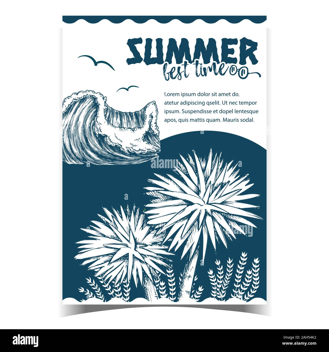 Ocean Wave, Algae Seaweed And Trees Banner Vector Stock Vector Image ...